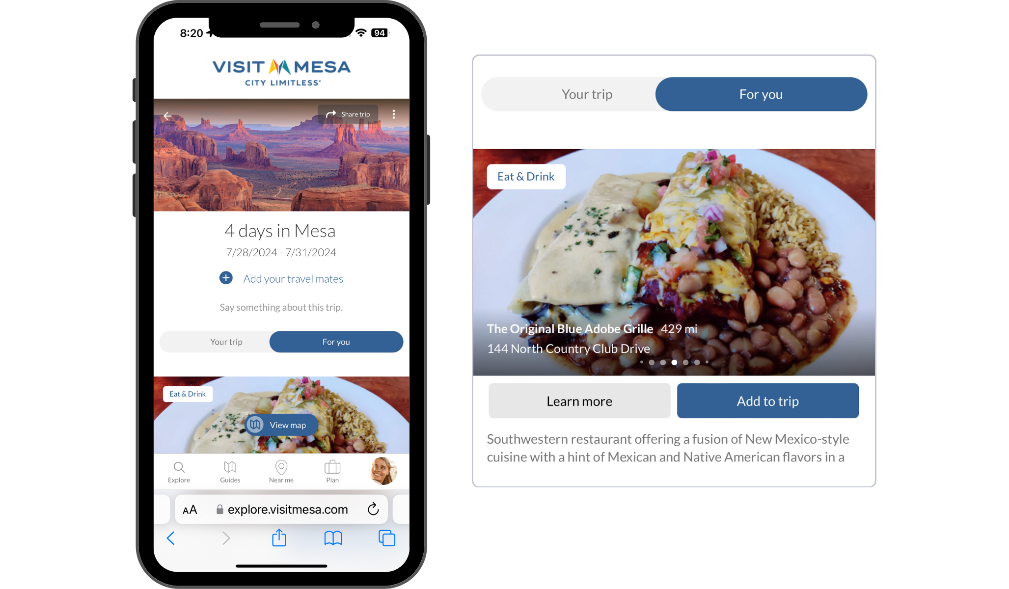 “For You” tab provides personalized recommendations, powered by AI. Users can add their favorites to their trip to build a custom itinerary.