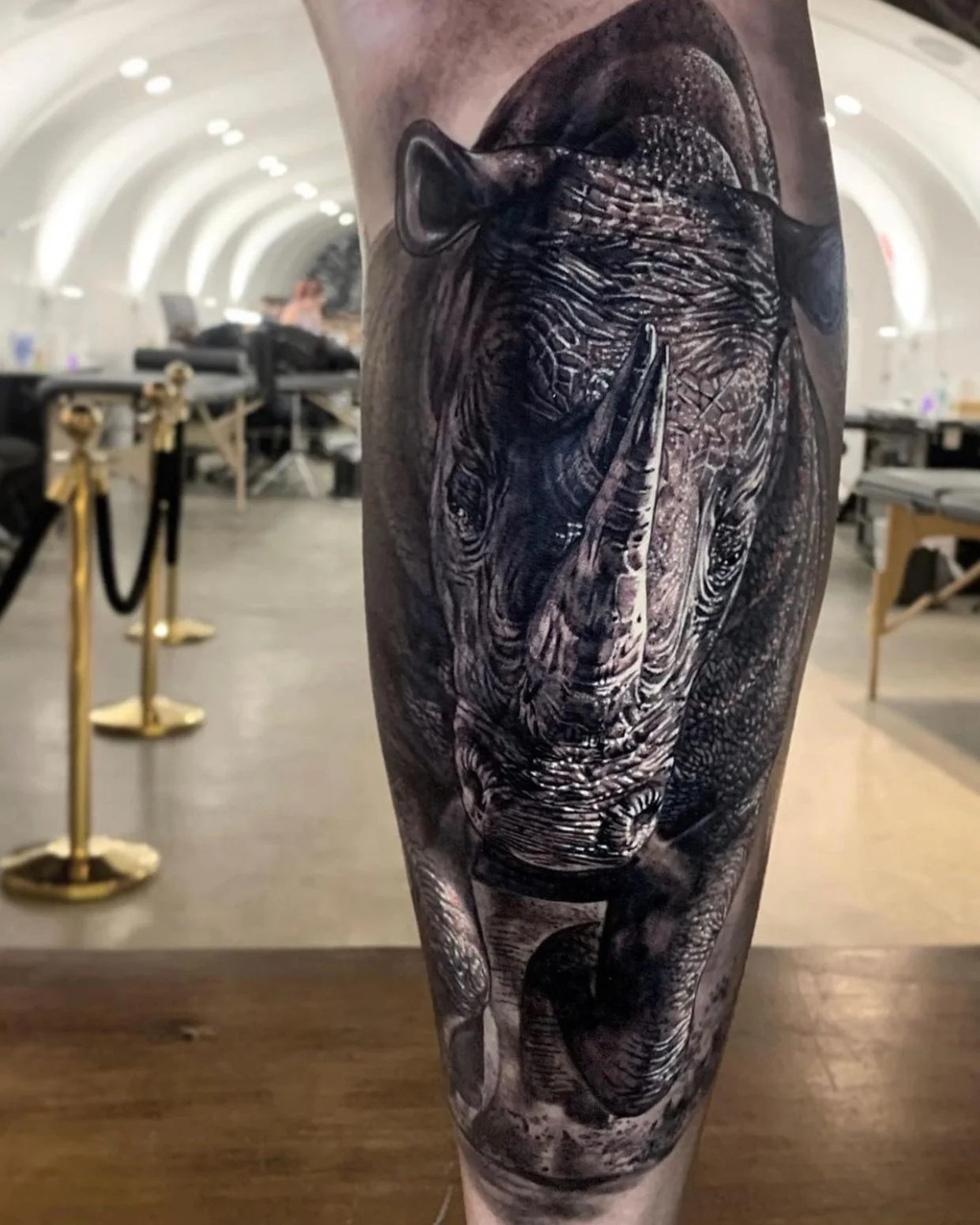 Close-up of a tattoo of a rhinoceros on a person's leg, with a museum or gallery setting in the background.