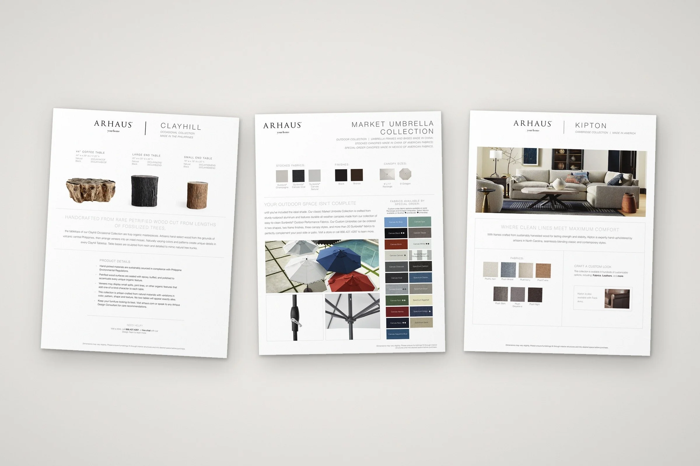 Three handouts built from the same templates: a one-page Clayhill sheet, an umbrella cover and a Kipton cover