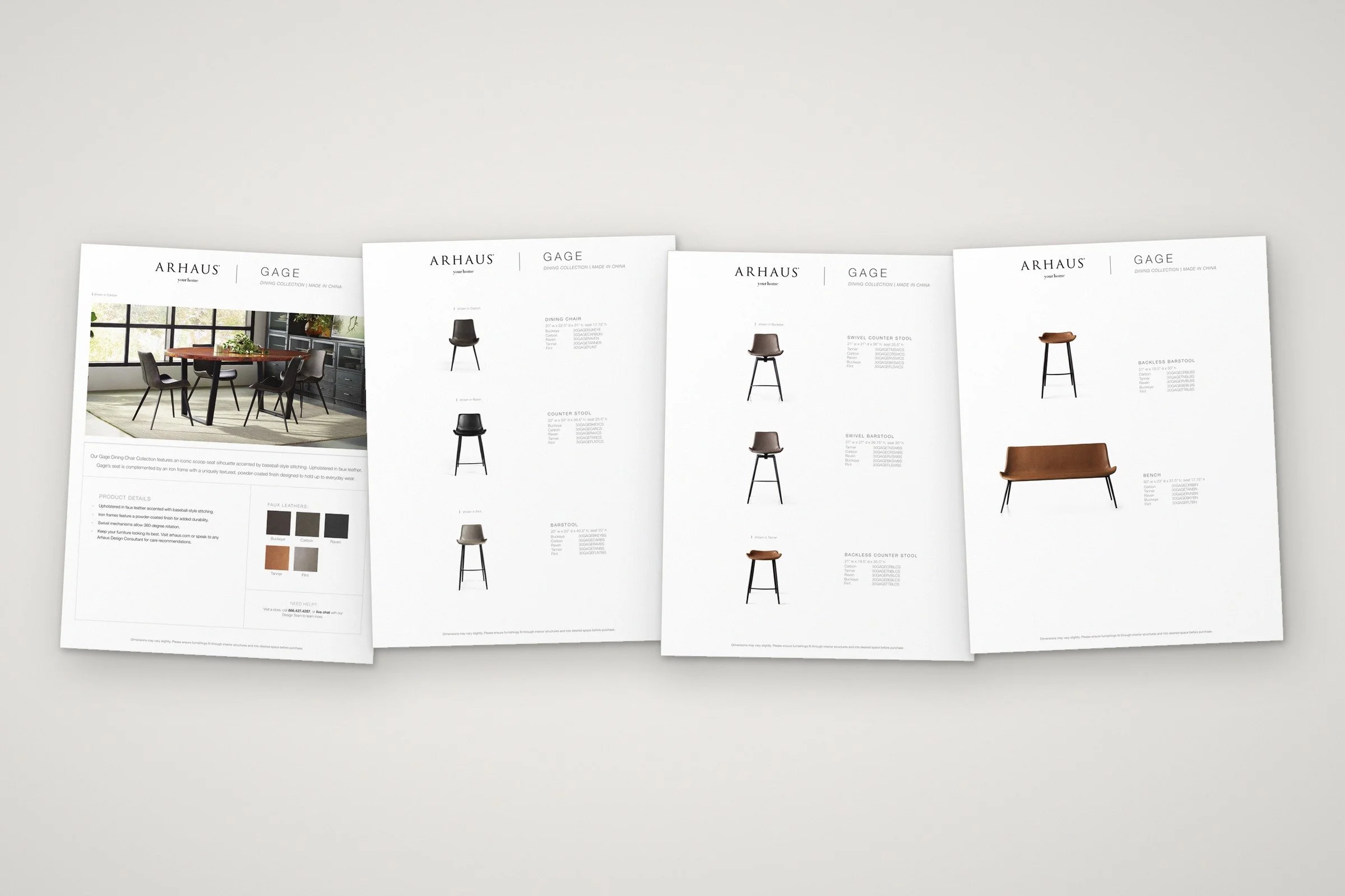 All four pages of the 2021 Gage handout: cover, product details, product rows and line drawings