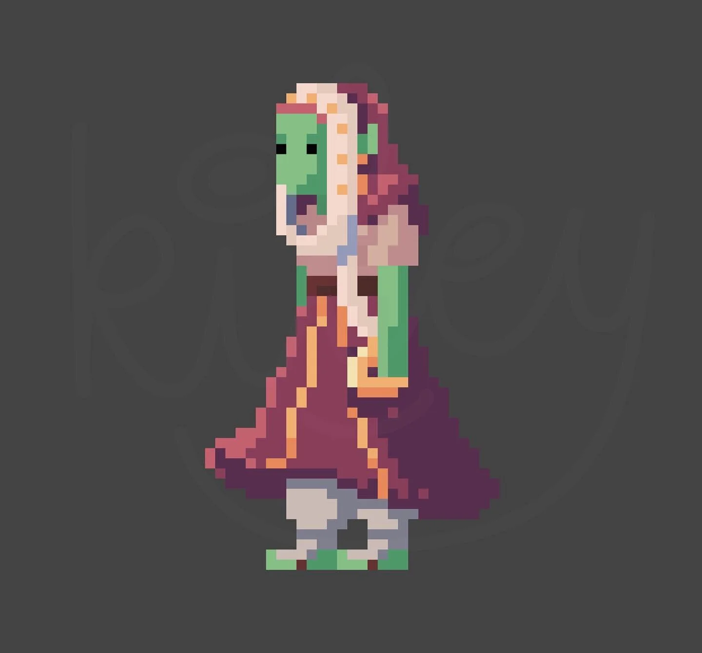 And then we&rsquo;ve got a little character sprite to go with the full illustration :) 

#pixelart #illustration #characterdesign #gamedesign #conceptart #charactersprite