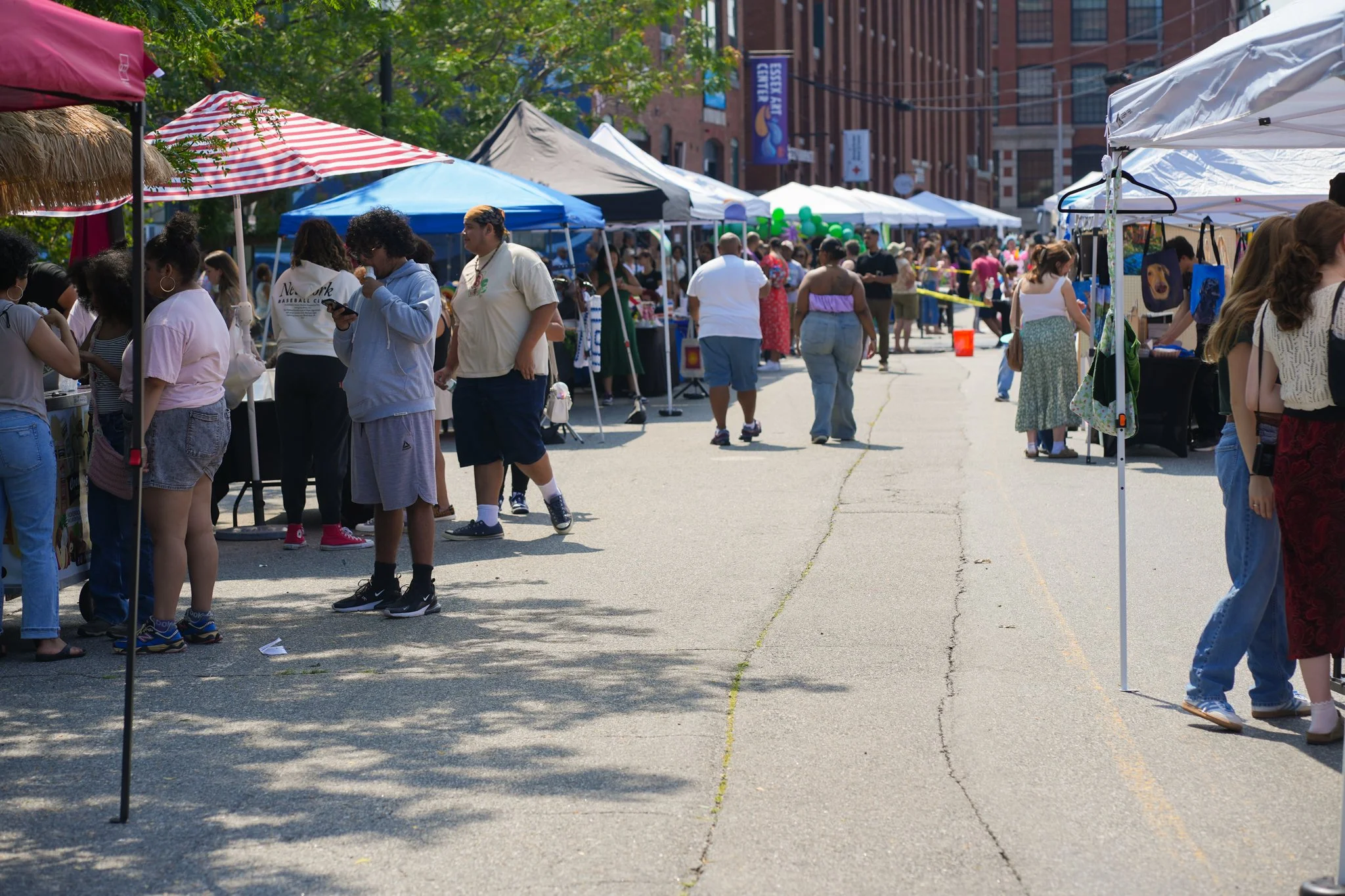 Outdoor street fair with numerous tents and booths, filled with people browsing and shopping on a sunny day.