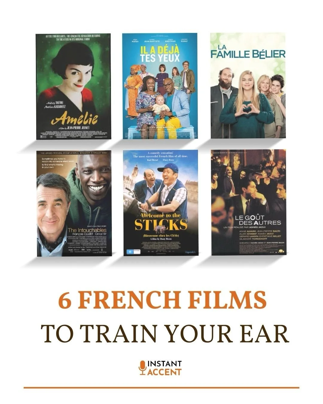 Lazy day films that still get your ear working and help prep for French accent auditions.
These are classics we both enjoyed, easy to watch and great for training your ear without feeling like work.

Am&eacute;lie (2001)
Standard metropolitan French,