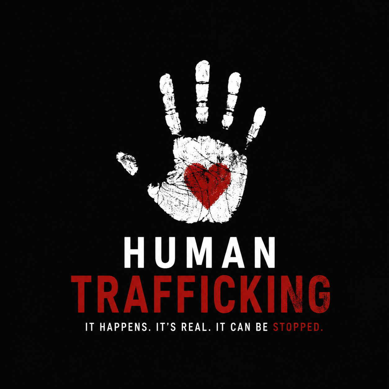 Line of women protesting on city sidewalk, holding yellow signs with messages about human trafficking and slavery awareness.