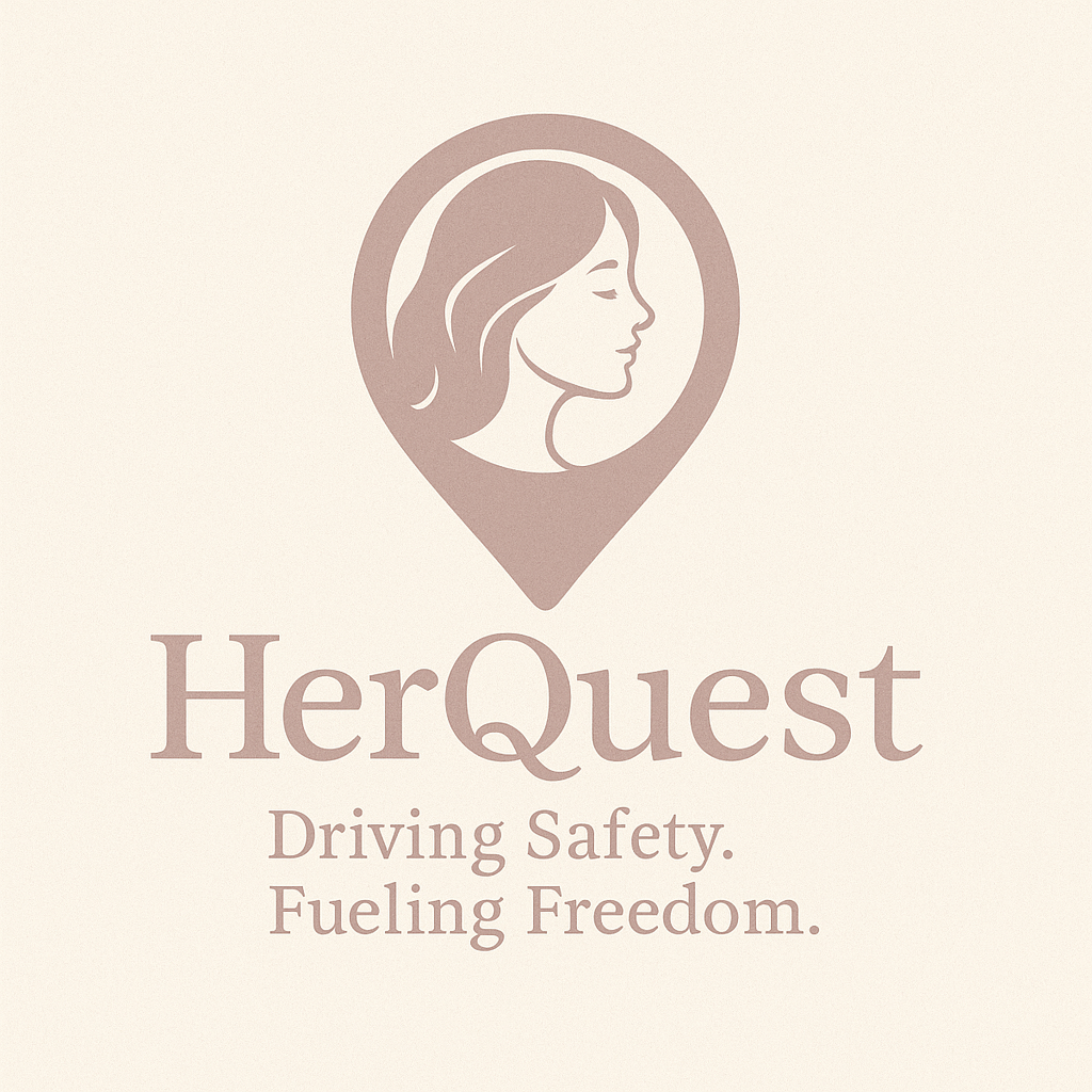 Logo for HerQwest with a profile of a woman's face inside a location pin icon. Text reads 'HerQwest' with the tagline 'Driving Safety. Fueling Freedom.'