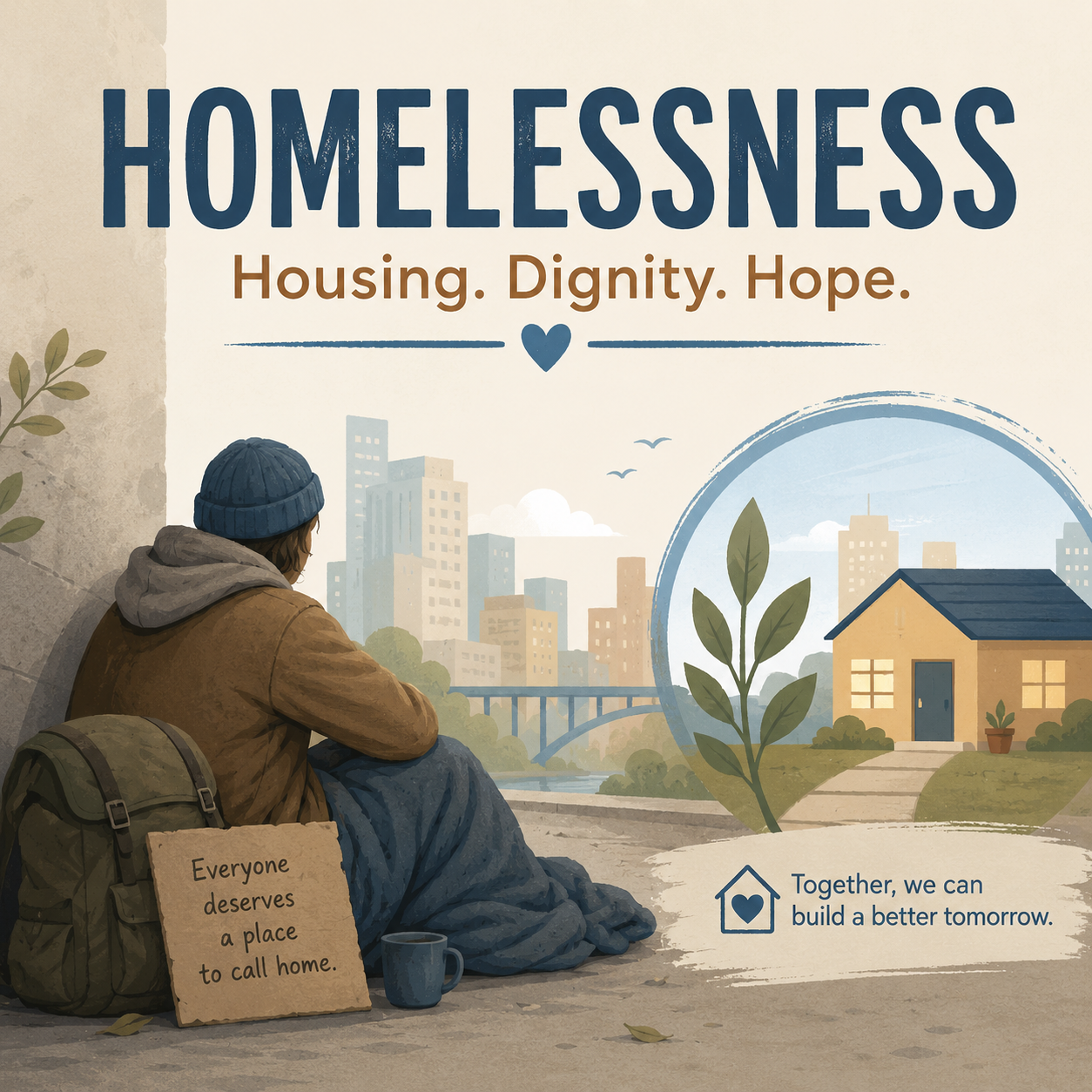 Tents and tarps set up on a city sidewalk with a colorful mural on the wall behind them.