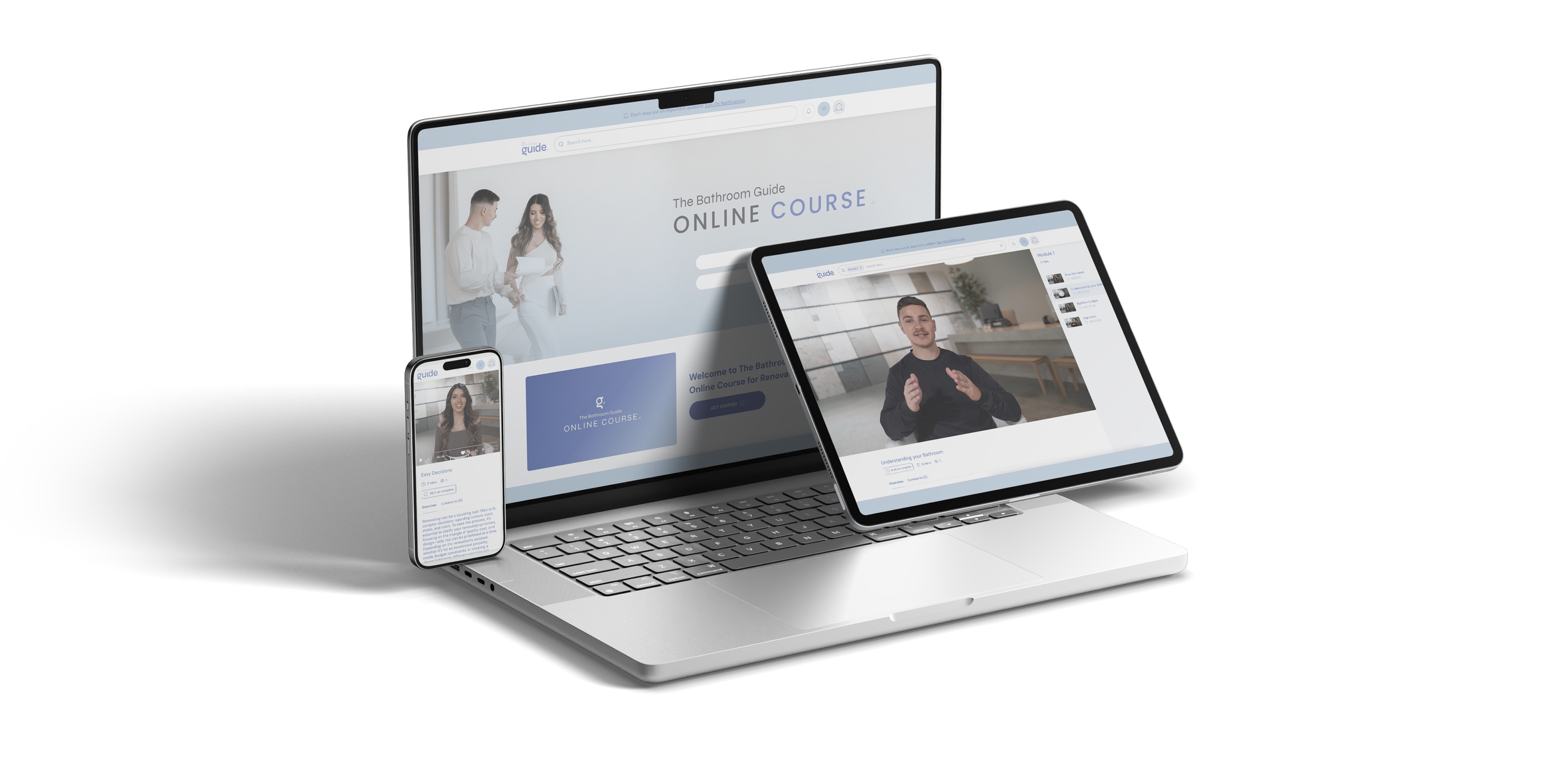 Laptop, tablet, and smartphone screens displaying online courses about bathroom renovation, with images of instructors and course content.