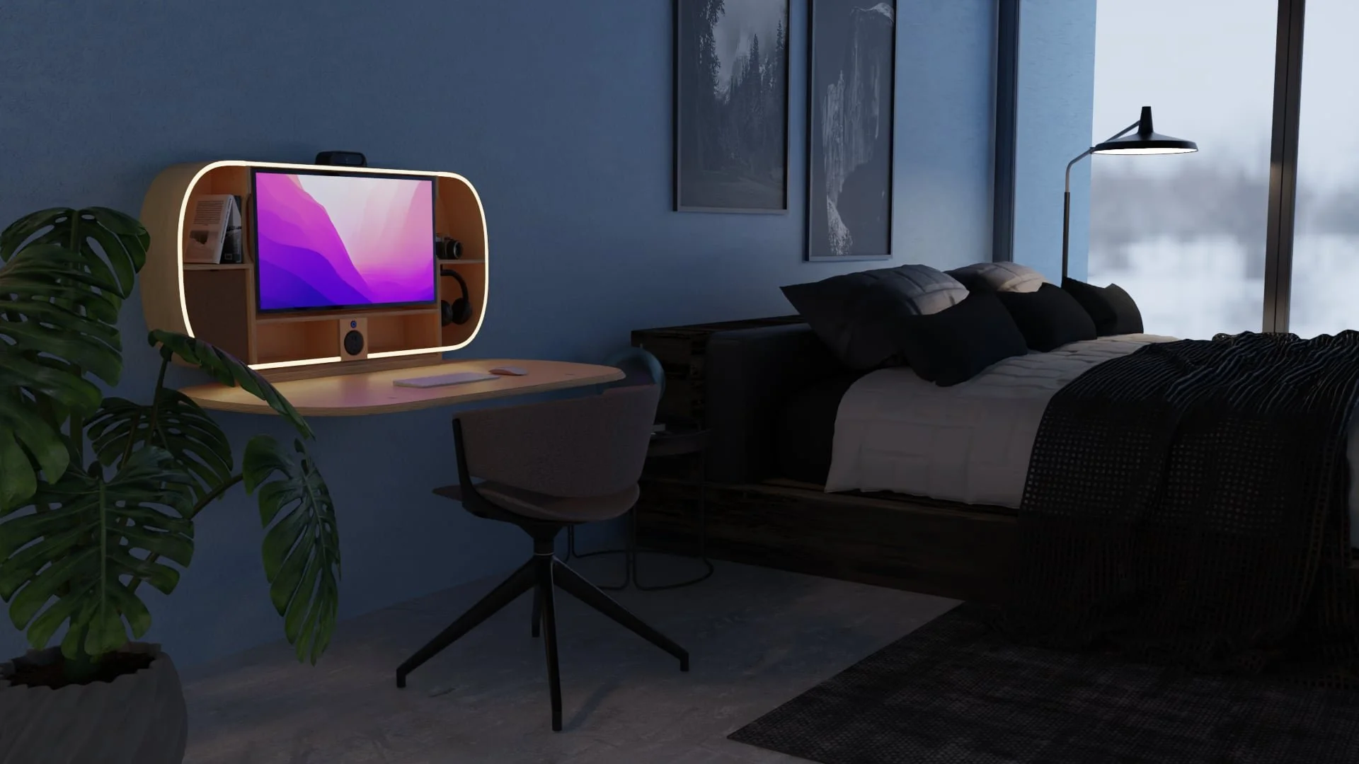 Folding desk in hotel room