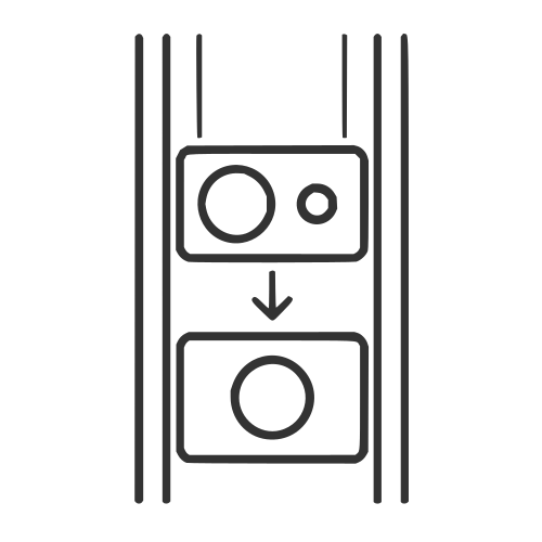 Line drawing showing rectangle with two circles sliding toward rectangle with one circle