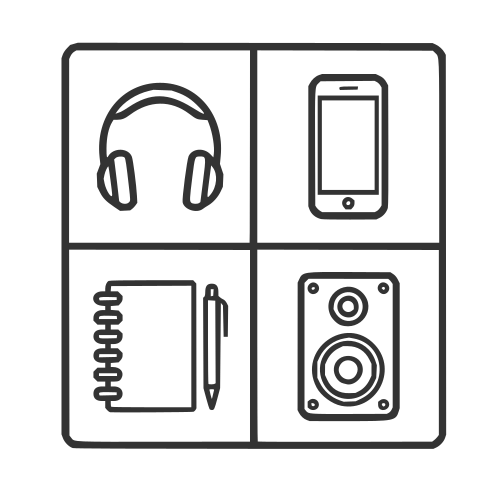Line drawing showing headphones, smartphone, notebook and speaker arranged in a grid