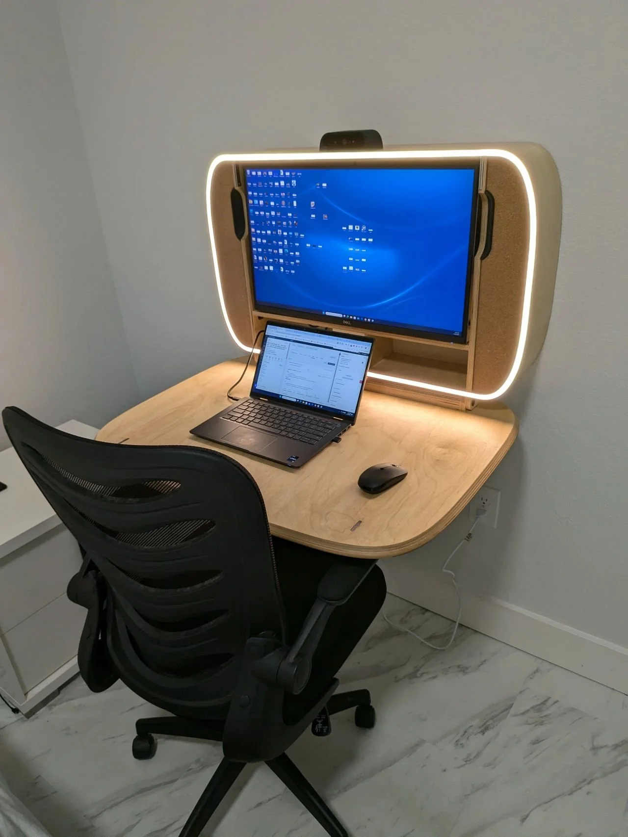Plywood murphy desk with laptop and built in monitor
