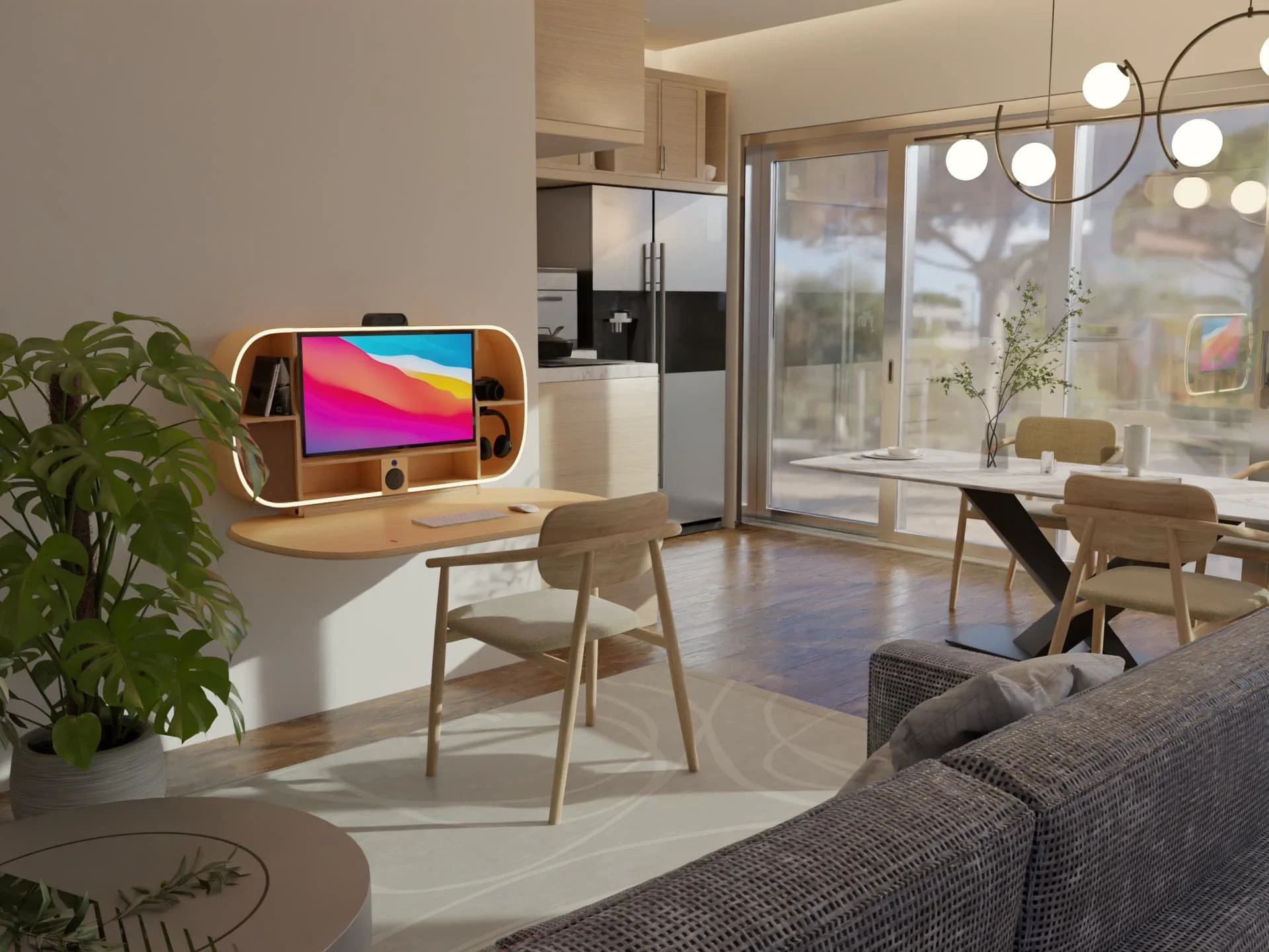 Folding desk in kitchen of airbnb