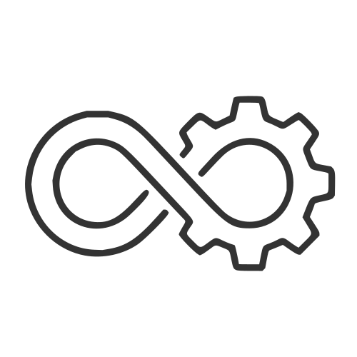 Line art showing an infinity symbol becoming a gear icon