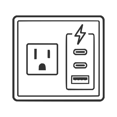 Line drawing showing power outlet, USB-A port and USB-C port