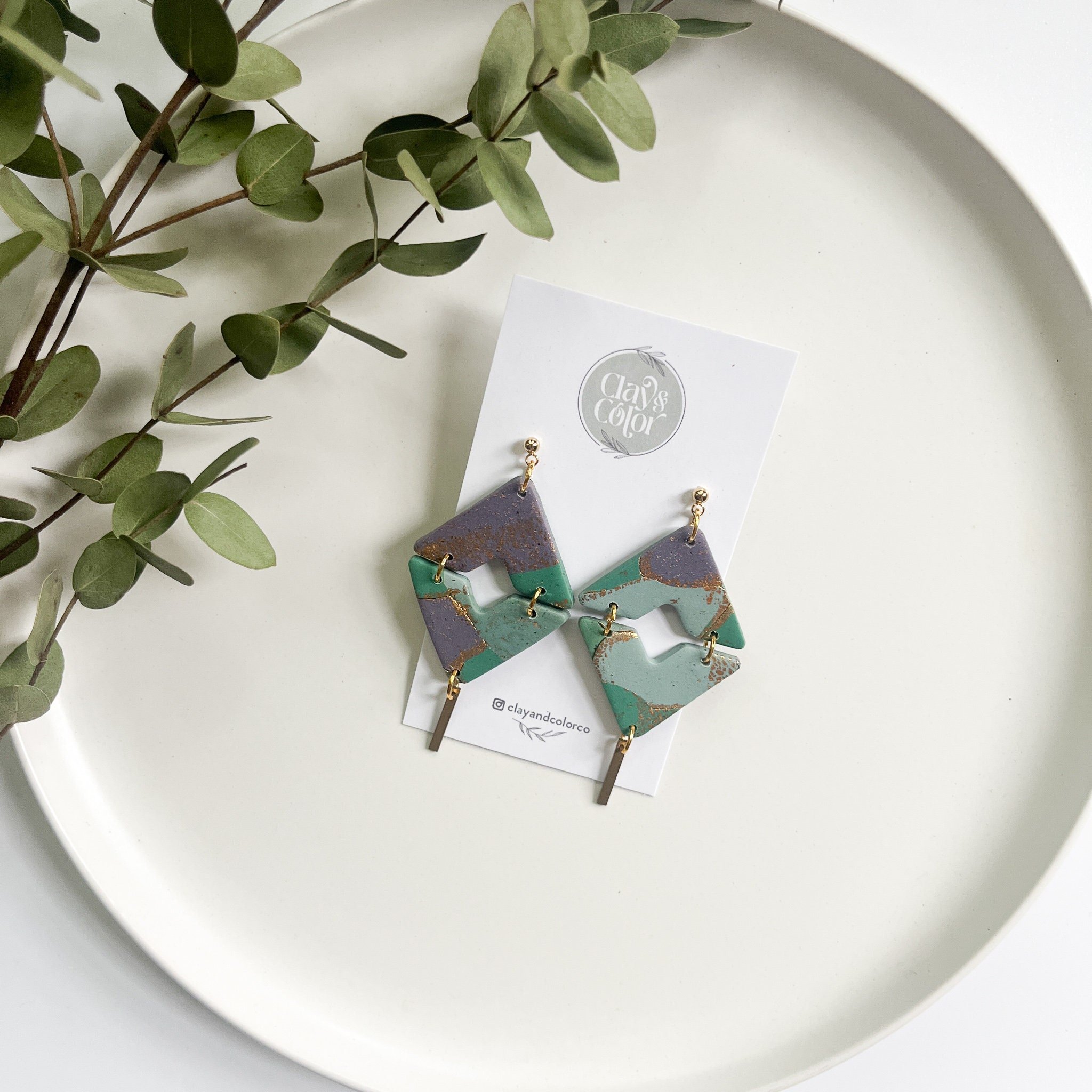 Green and Purple Marble Earrings - Triangle Polymer Clay Jewelry - Statement Earrings