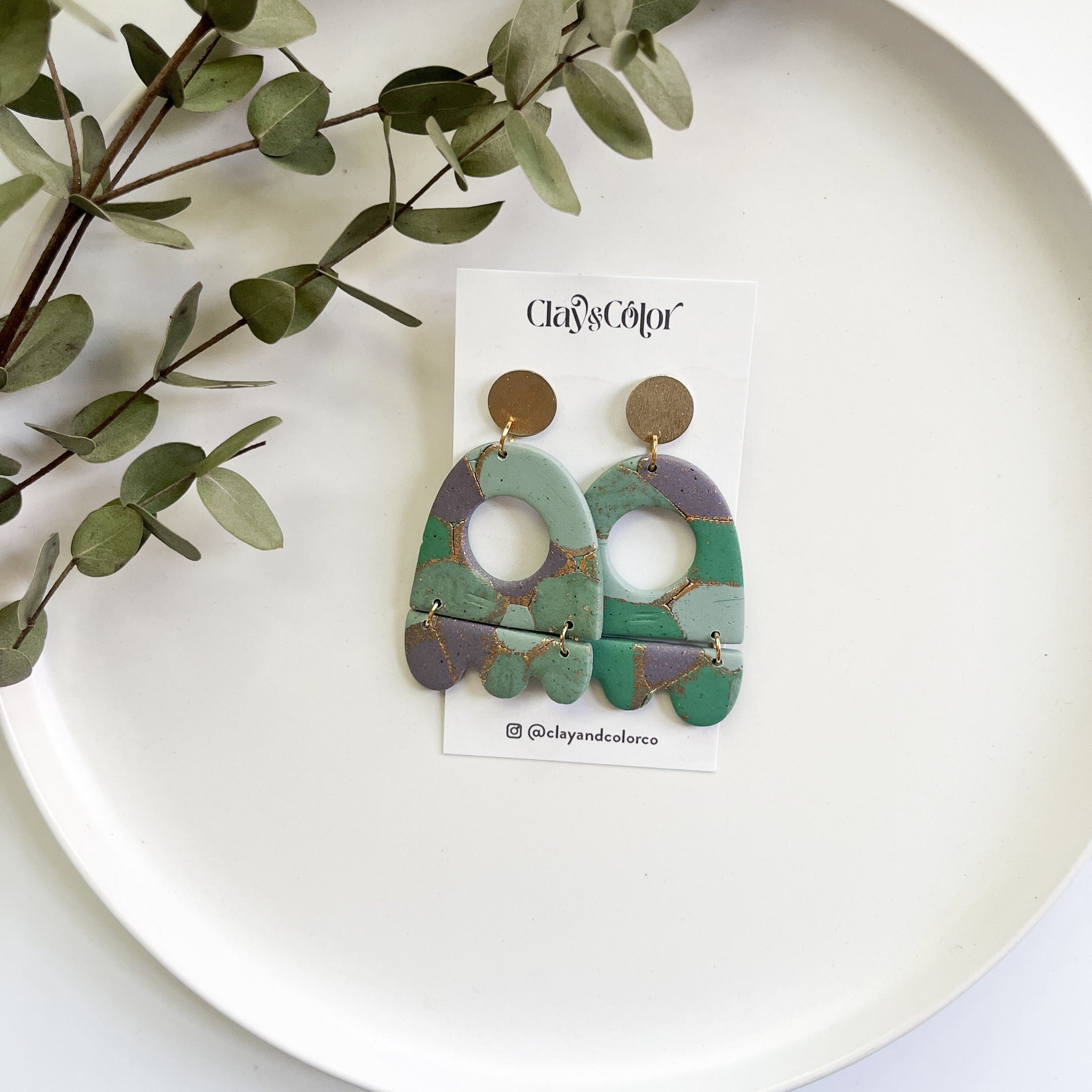 Green and Purple Marble Earrings - Organic Polymer Clay Jewelry - Statement Earrings