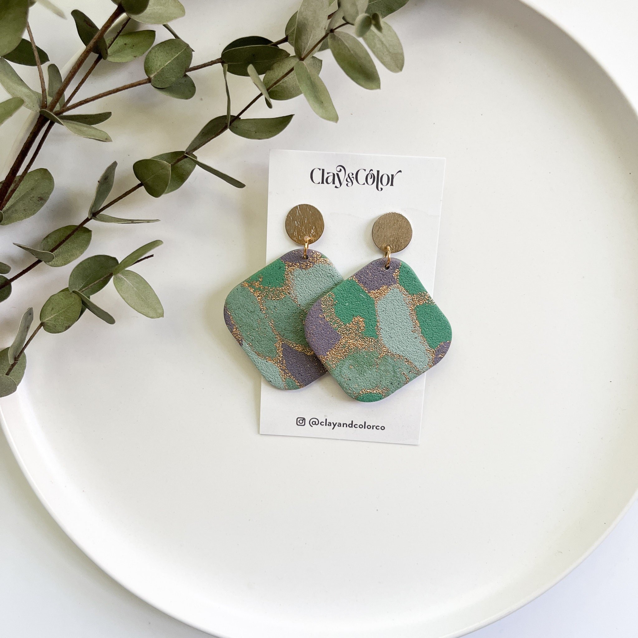 Green and Purple Marble Earrings - Square Polymer Clay Jewelry - Statement Earrings