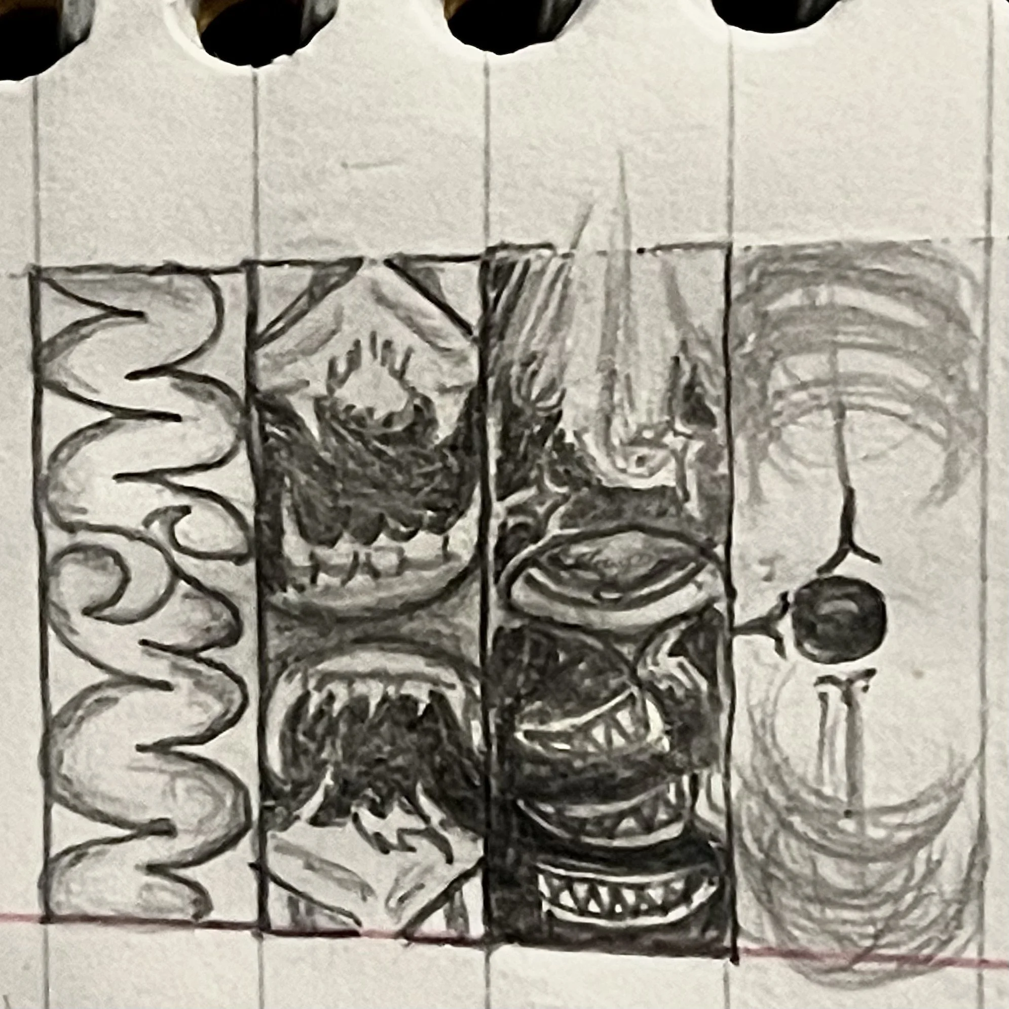 4 panel drawing displaying four concepts: uncertainty, good or evil, impending doom, and condensed energy