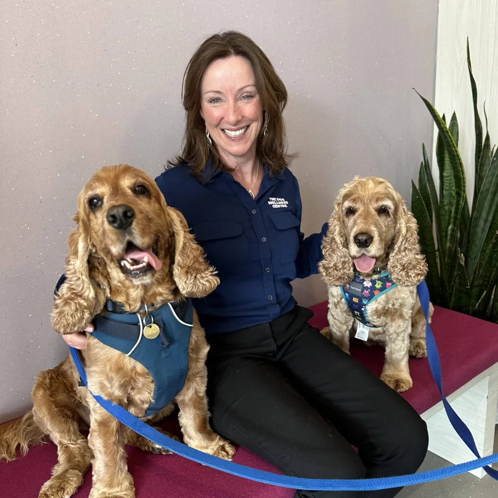 Aoife, the Practice Manager at The Dog Wellness Centre, with two dogs