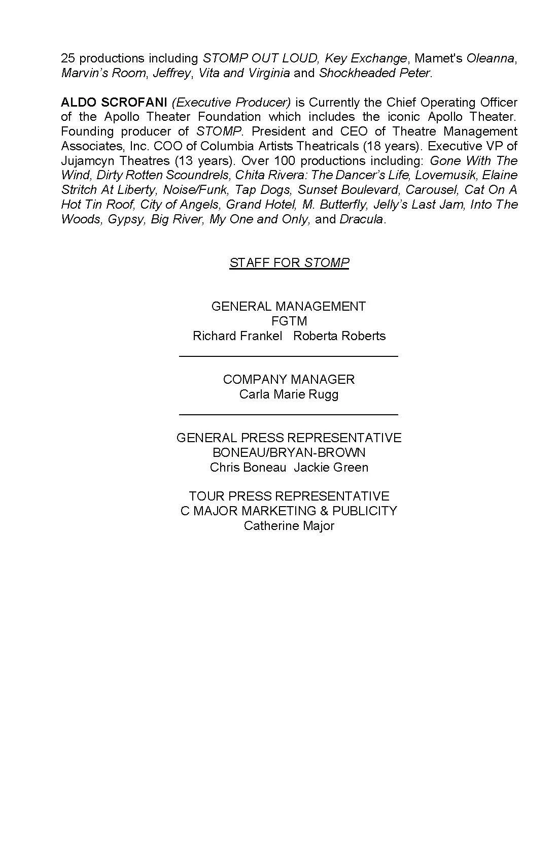 A page of text listing productions, staff, and management of STOMP, including details about ALDO SCROFANI and contact personnel.