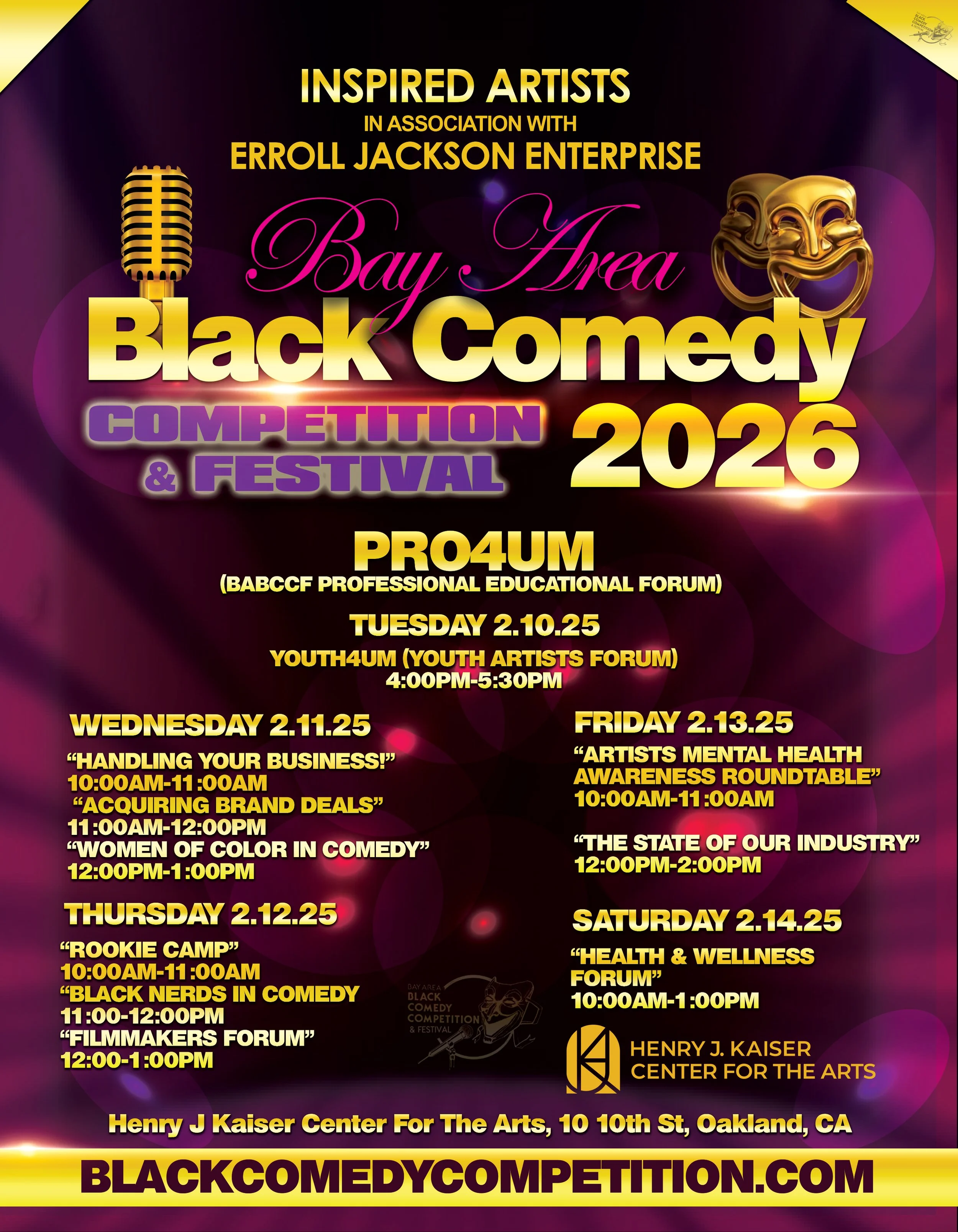 Poster for the 2026 Bay Area Black Comedy Competition and Festival, featuring event details including dates, times, and topics at Henry J. Kaiser Center for the Arts in Oakland, California.