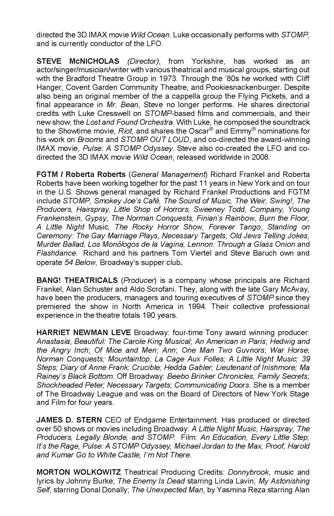 Text excerpt describing various individuals involved in theater, film, and music production, including directors, producers, actors, and other professionals.