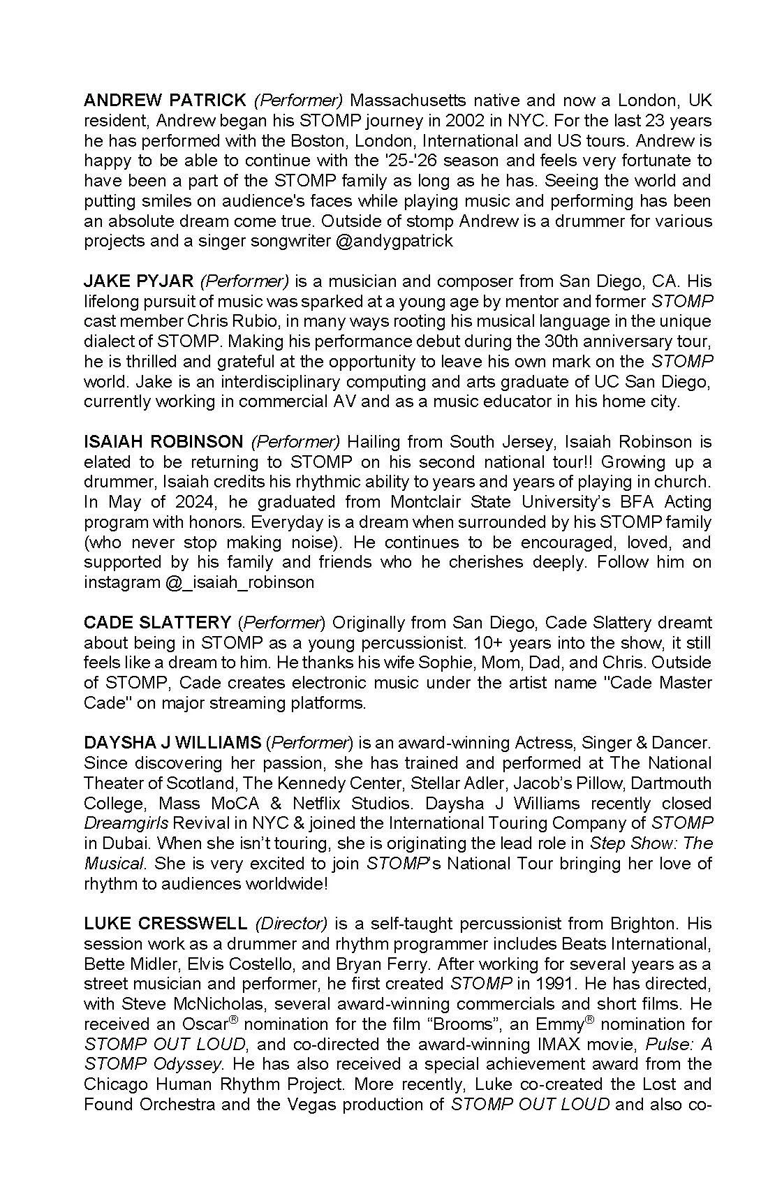 Text describing various performers in a band, including Andrew Patrick, Jake Pyjar, Isaiah Robinson, Cade Slattery, Daysha J Williams, and Luke Cresswell, with background information about their careers and achievements.