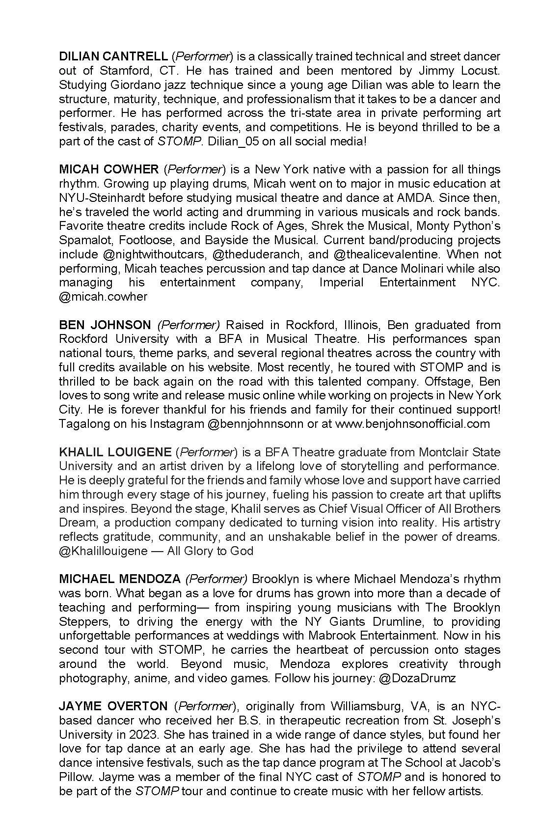 A text document with detailed biographies of six performers, including their backgrounds, training, and current projects.