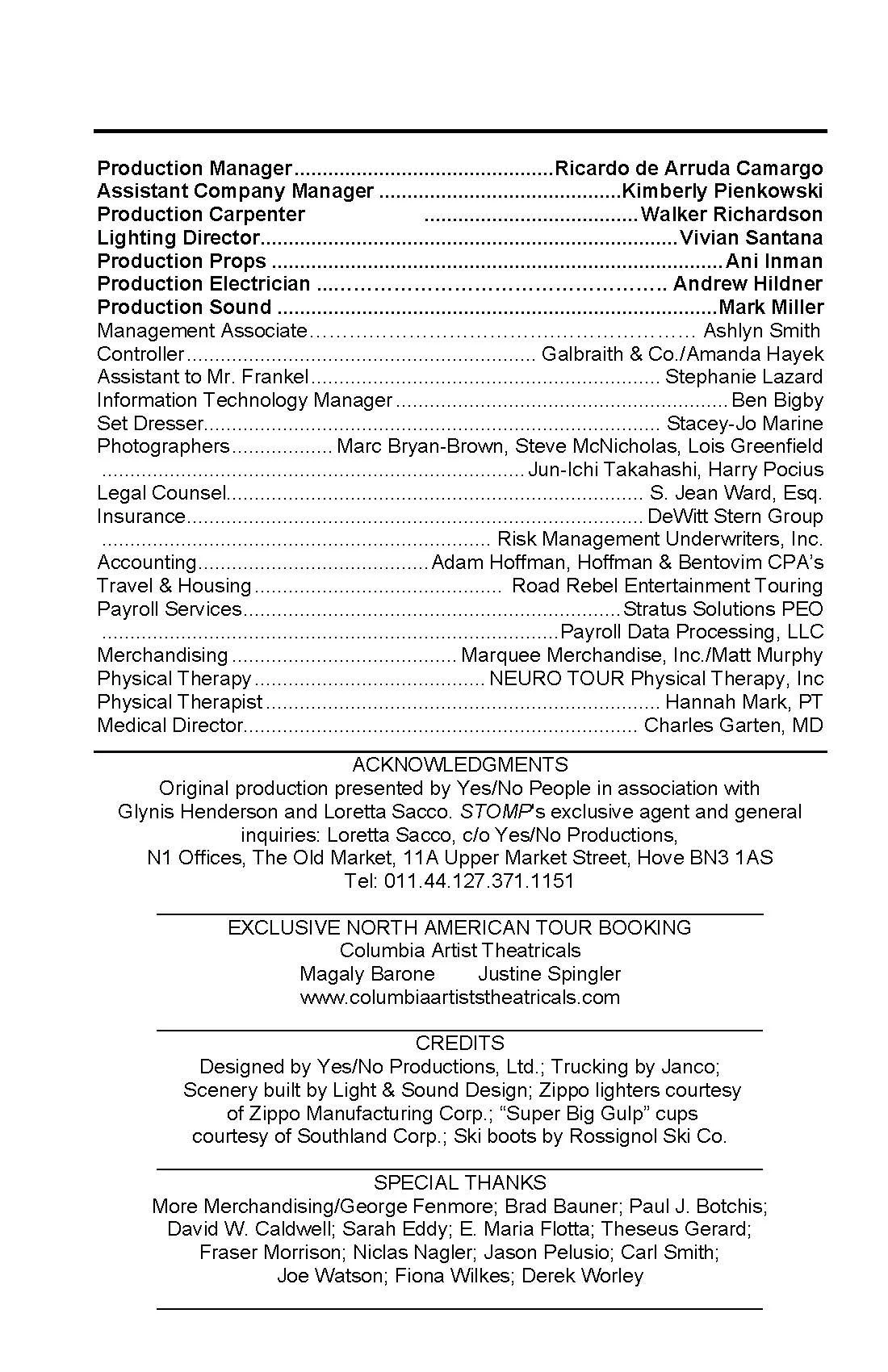 A production crew credits list for a film or theater project, including roles and team members such as production manager, assistant, carpenters, lighting, sound, and others.