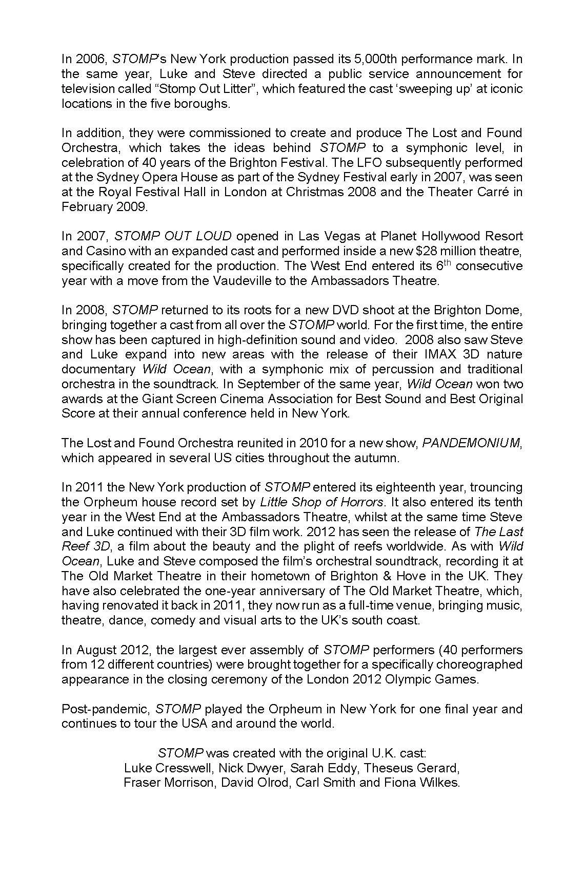Page of text providing a history of the production 'STOMP', including its milestones, performances, and related projects.