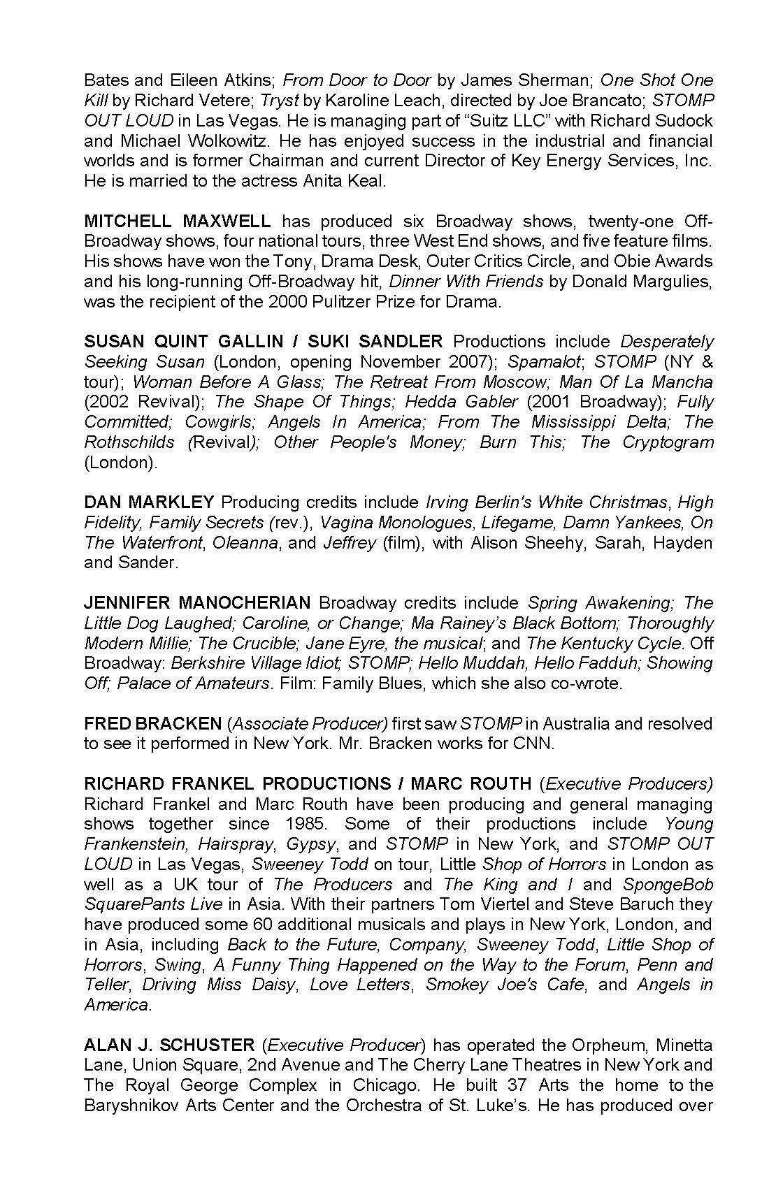 Page with text about various theatrical productions, filmmakers, and producers, including names and production titles in a detailed biography style.