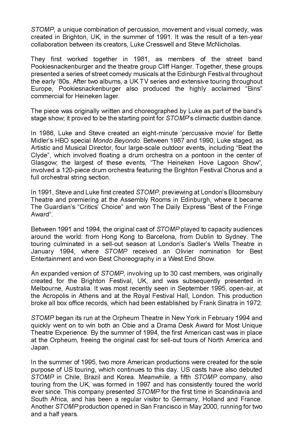 Text about the history and production of the performance piece 'STOMP,' including its origins, creators, major productions, awards, and international tours.