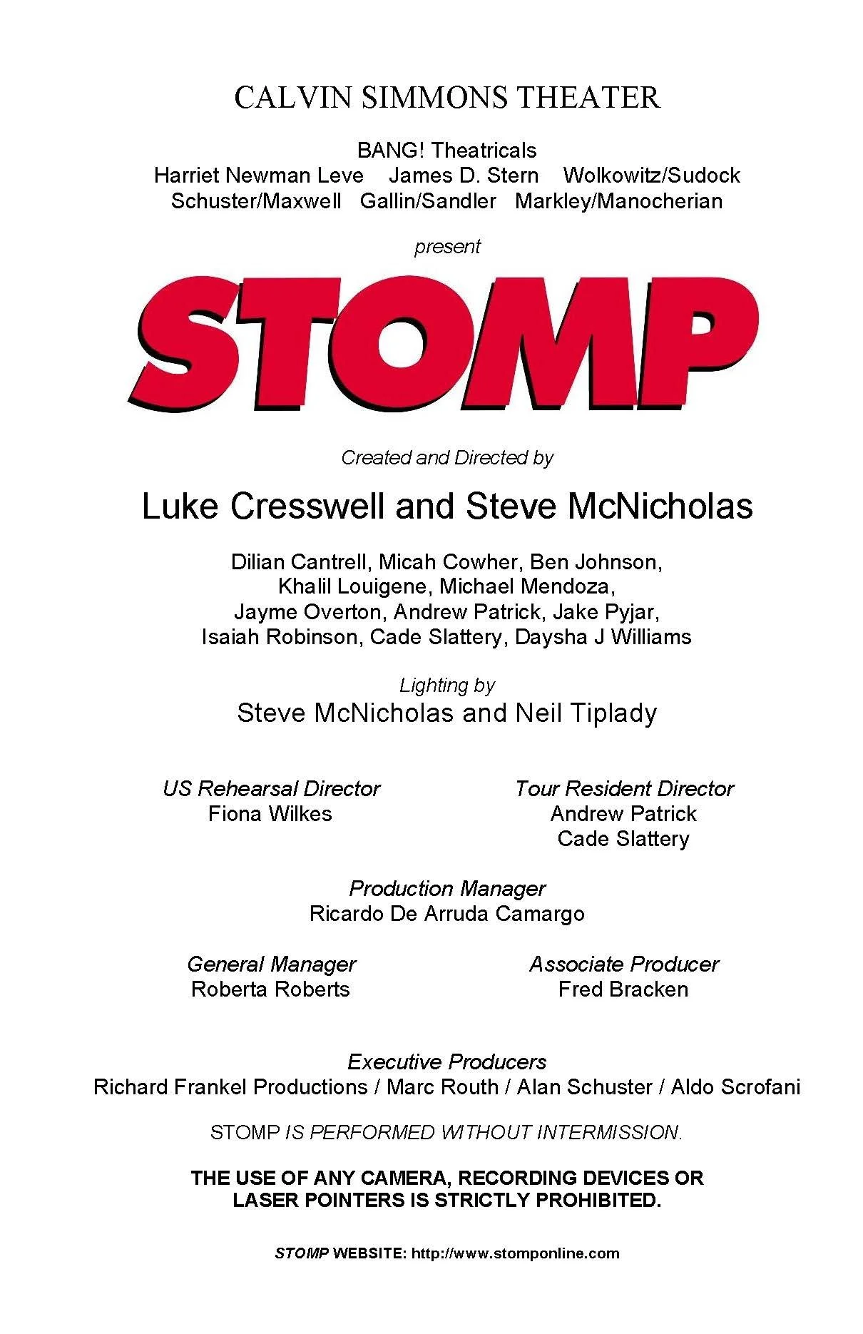 The image is a theater production program for the play "Stomp" presented at Calvin Simmons Theater, created and directed by Luke Cresswell and Steve McNicholas, with additional production credits and information.