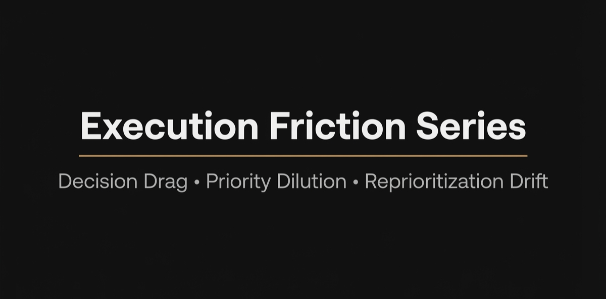 Title slide for 'Execution Friction Series' with subtitles 'Decision Drag, Priority Dilution, Reprioritization Drift' on a black background.