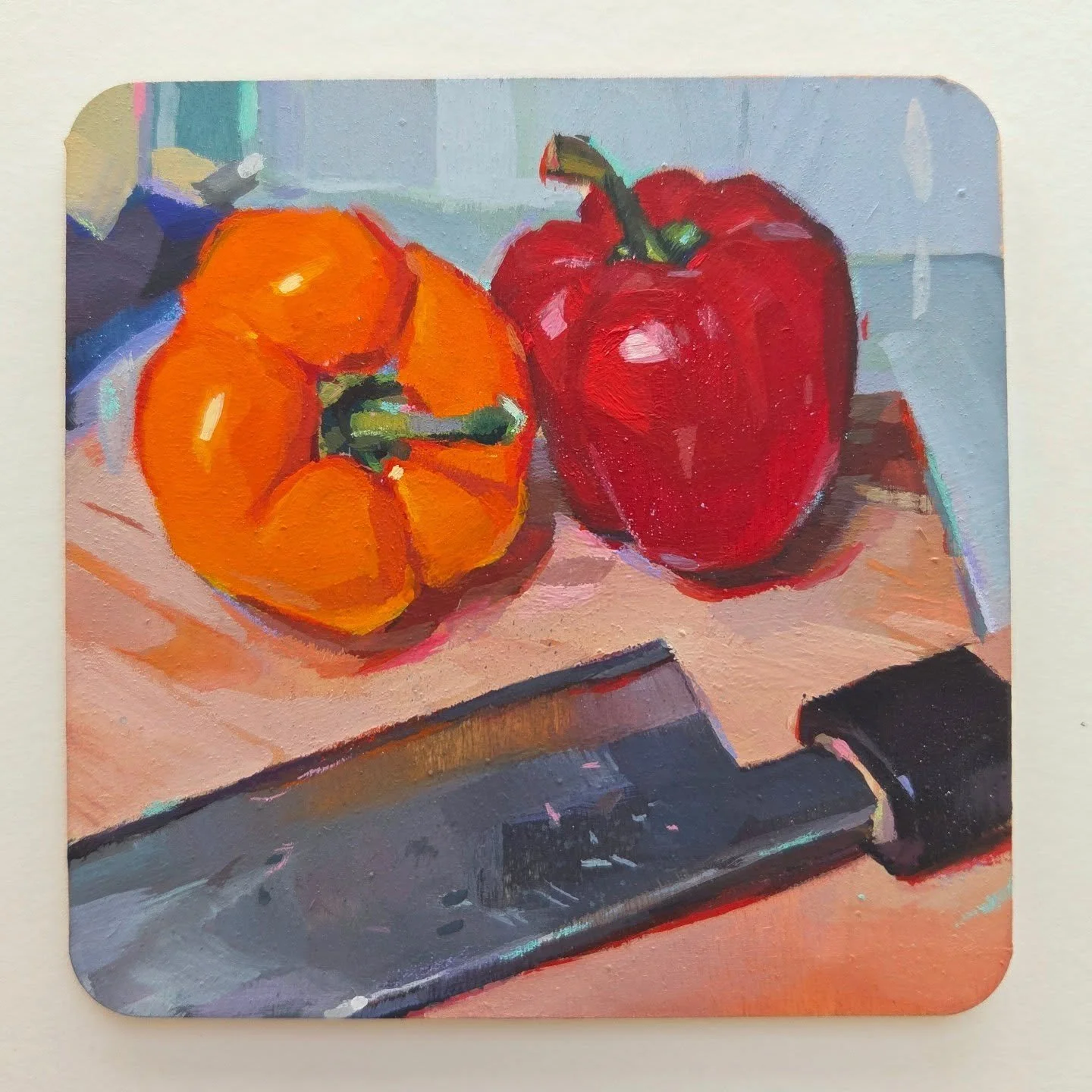 #coastcard 2 🫑✨️ gouache on 4x4" coaster

I need to paint knives more lol. So hard but so much fun!! :')