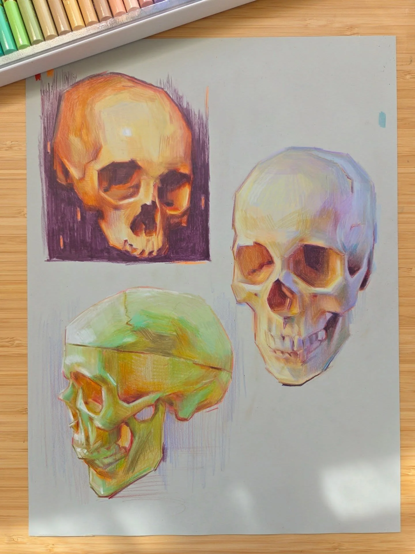 I've been experimenting with some paper alternatives recently.
These skull studies are @holbeinartistmaterials colored pencil on @grafixartsplastics grey Dura-bright!

watch the full process in my latest YT video! 💀✨️