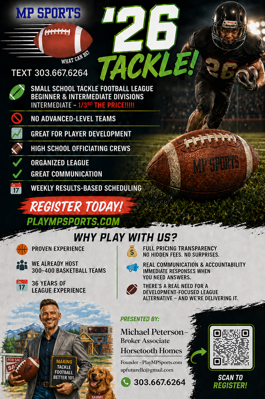 A poster for MP Sports football league featuring a football player in black uniform holding a football, a large football with the MP Sports logo on the ground, and various promotional text about the league, registration, and contact details.