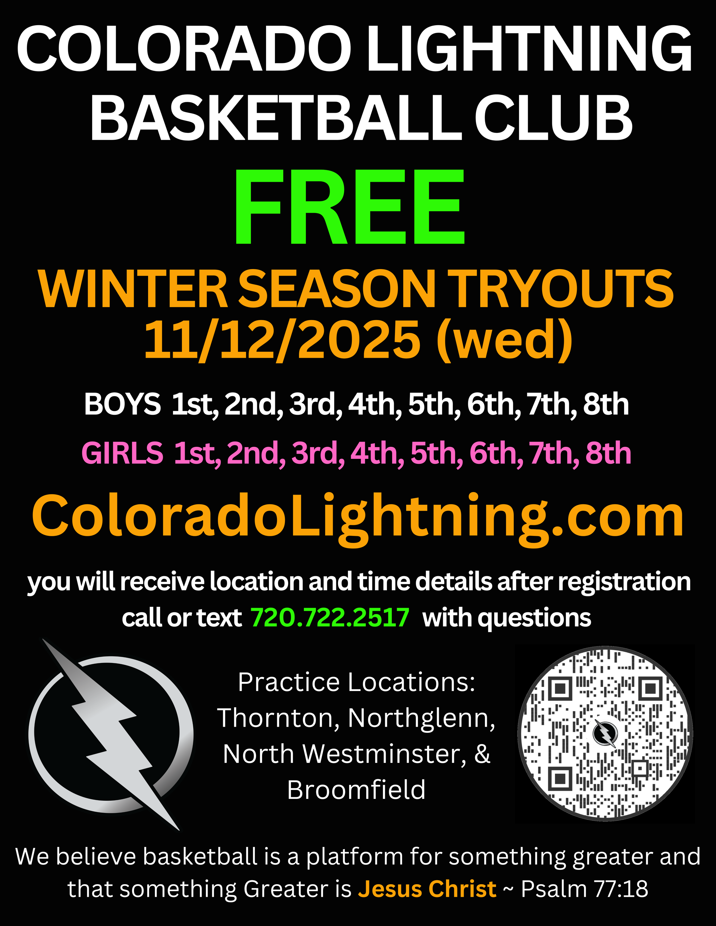 Flyer for Colorado Lightning Basketball Club Winter Tryouts on November 12, 2025, offering free training for boys and girls from various grade levels, with location details, contact information, practice locations, and a QR code.