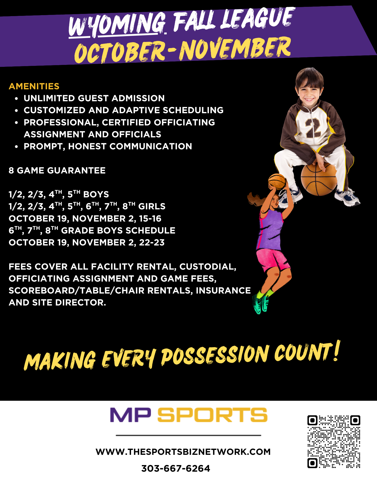 Flyer for Wyoming Fall League Basketball with dates in October and November, featuring a smiling young boy in a sports uniform holding a basketball, and a colorful illustration of a female basketball player.
