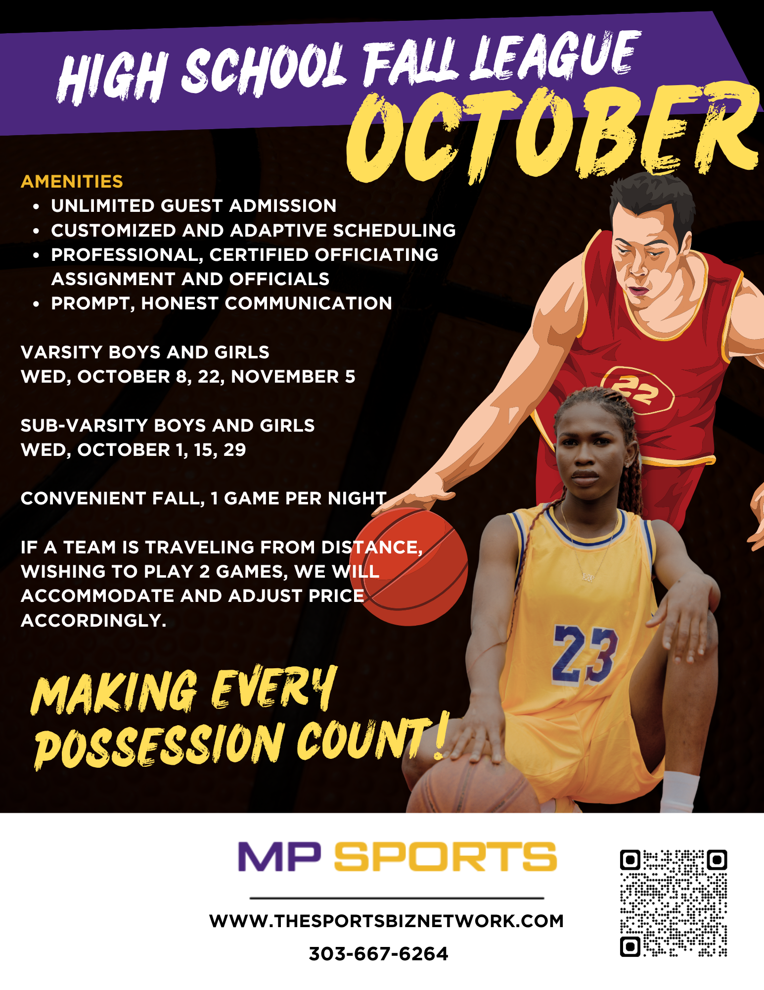 A promotional poster for high school fall league basketball in October, featuring a male basketball player in a red uniform and a female player in a yellow uniform. It includes event details, amenities, and contact information.