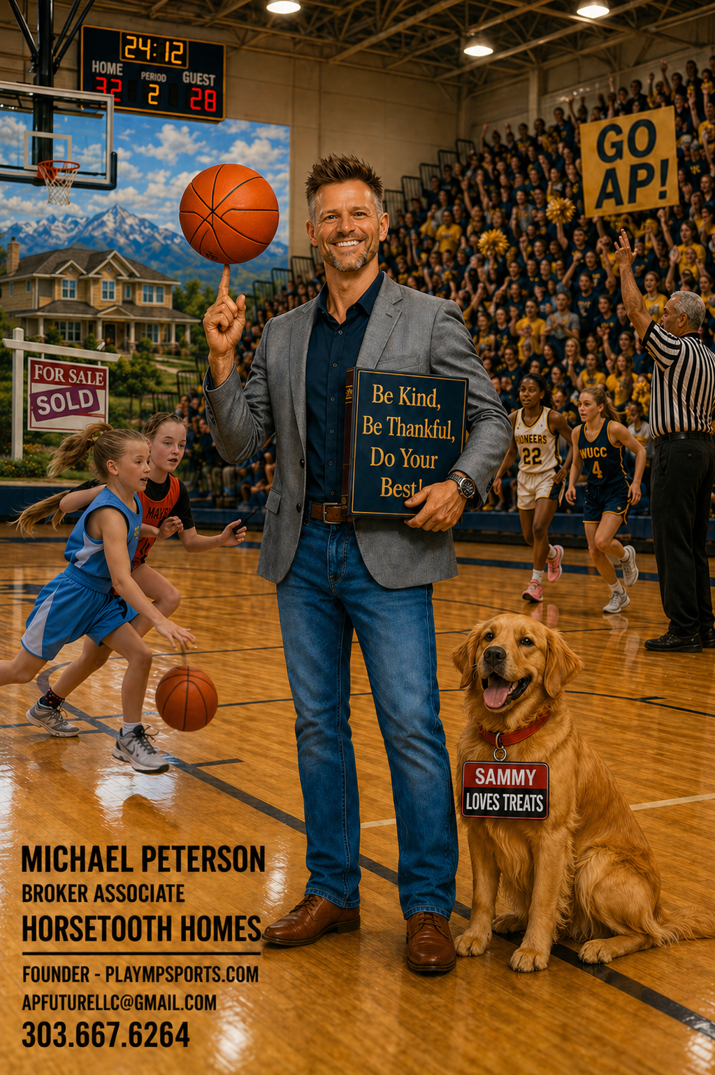 A man in a gray blazer and jeans standing on a basketball court with a golden retriever sitting next to him. The man is smiling and spinning a basketball on his finger and holding a sign that reads, 'Be Kind, Be Thankful, Do Your Best.' The court is filled with young girls playing basketball, and there is a crowd of spectators in the background holding a sign that says, 'GO AP!'. The scoreboard shows 24 minutes and 12 seconds remaining, with the home team leading 32-28. The scene is inside a gym with a mural of mountains and houses on the wall.