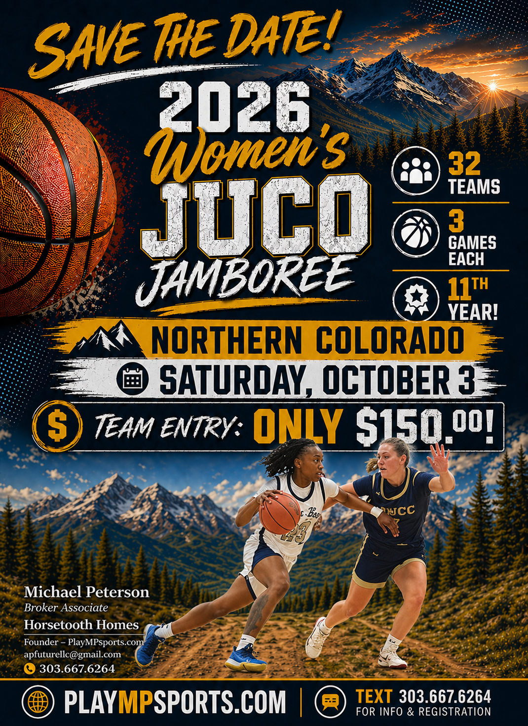 The poster announces the 2026 Women's Juco Jamboree in Northern Colorado on Saturday, October 3. It highlights 32 teams, 3 games each, and the event's 11th year. A basketball and two women's basketball players are shown on a mountain landscape backdr
