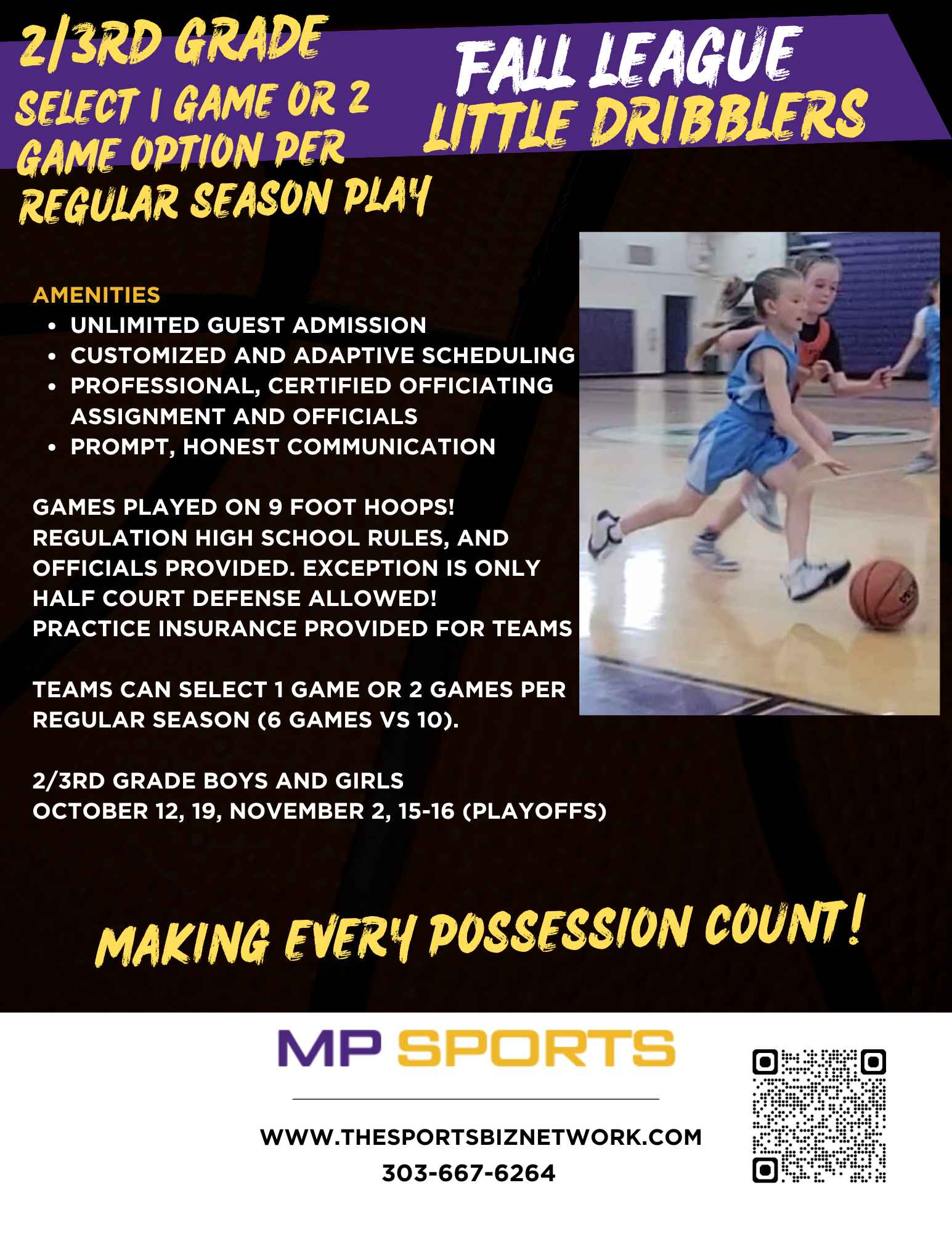 Flyer for 2nd and 3rd grade youth basketball league, featuring a picture of young girls playing basketball indoors. The flyer provides information about league dates, game options, amenities, rules, and contact details.