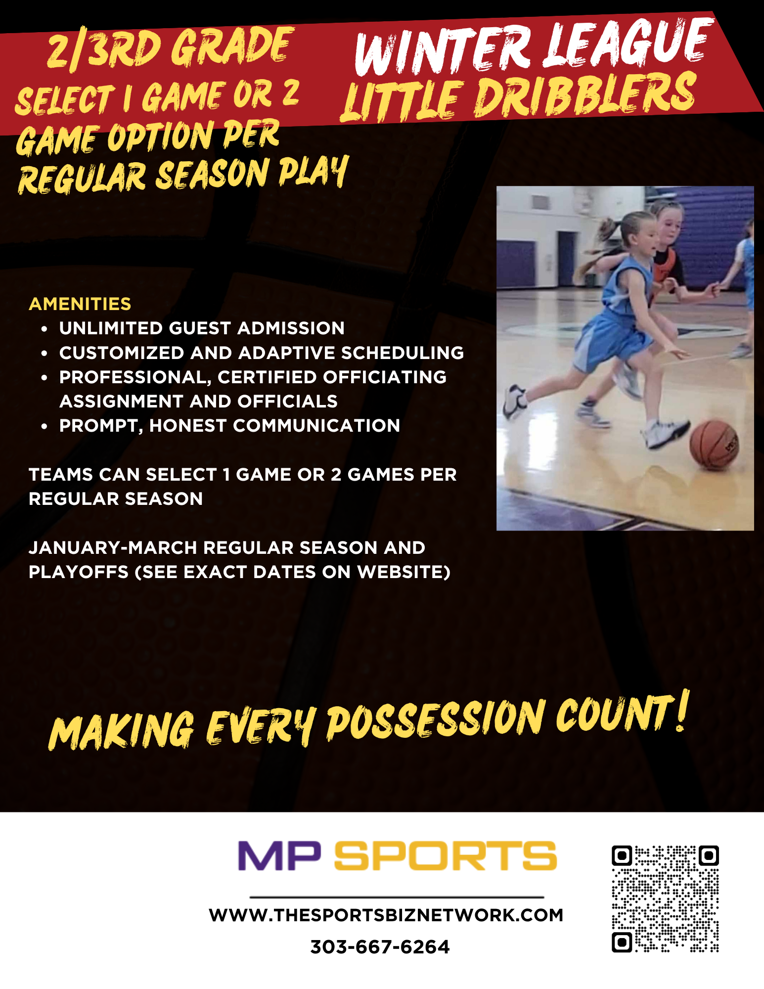 Flyer advertising 2nd and 3rd grade winter league little dribblers basketball with details on scheduling, amenities, and registration, featuring a photo of young girls playing basketball during practice in a gym.