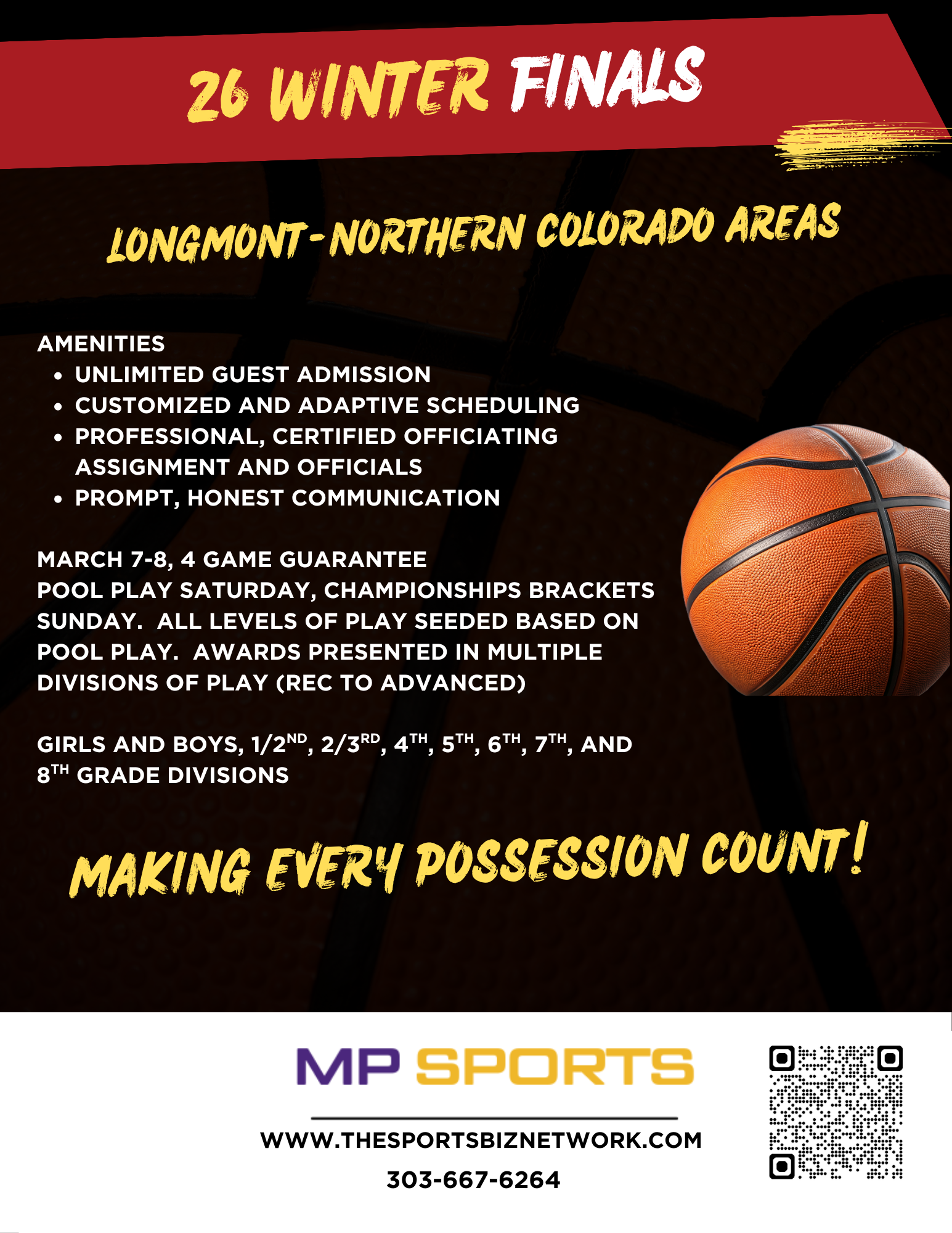 Advertisement for 26 Winter Finals basketball tournament at Longmont Northern Colorado, with details about amenities, schedule, divisions, and contact information, including a basketball image and a QR code.