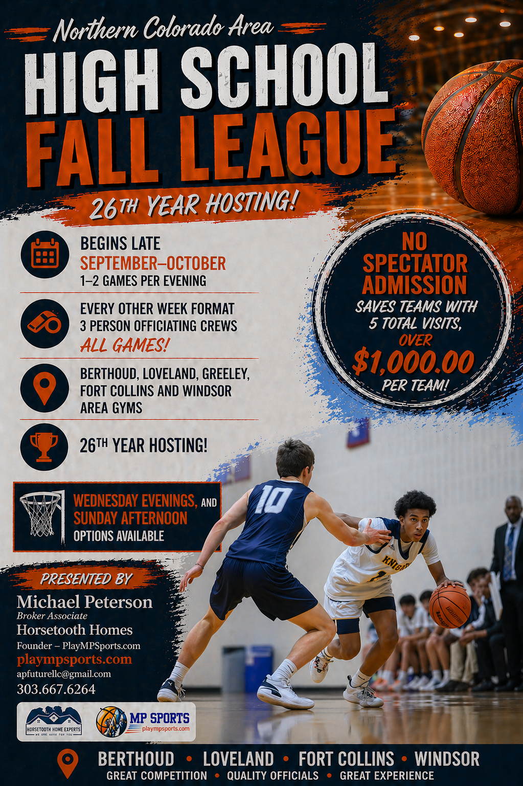 Poster advertising the 26th annual Northern Colorado High School Fall League basketball tournament. Features a photo of two young male basketball players in game action, with one dribbling and the other defending, in a gymnasium setting. Highlights i
