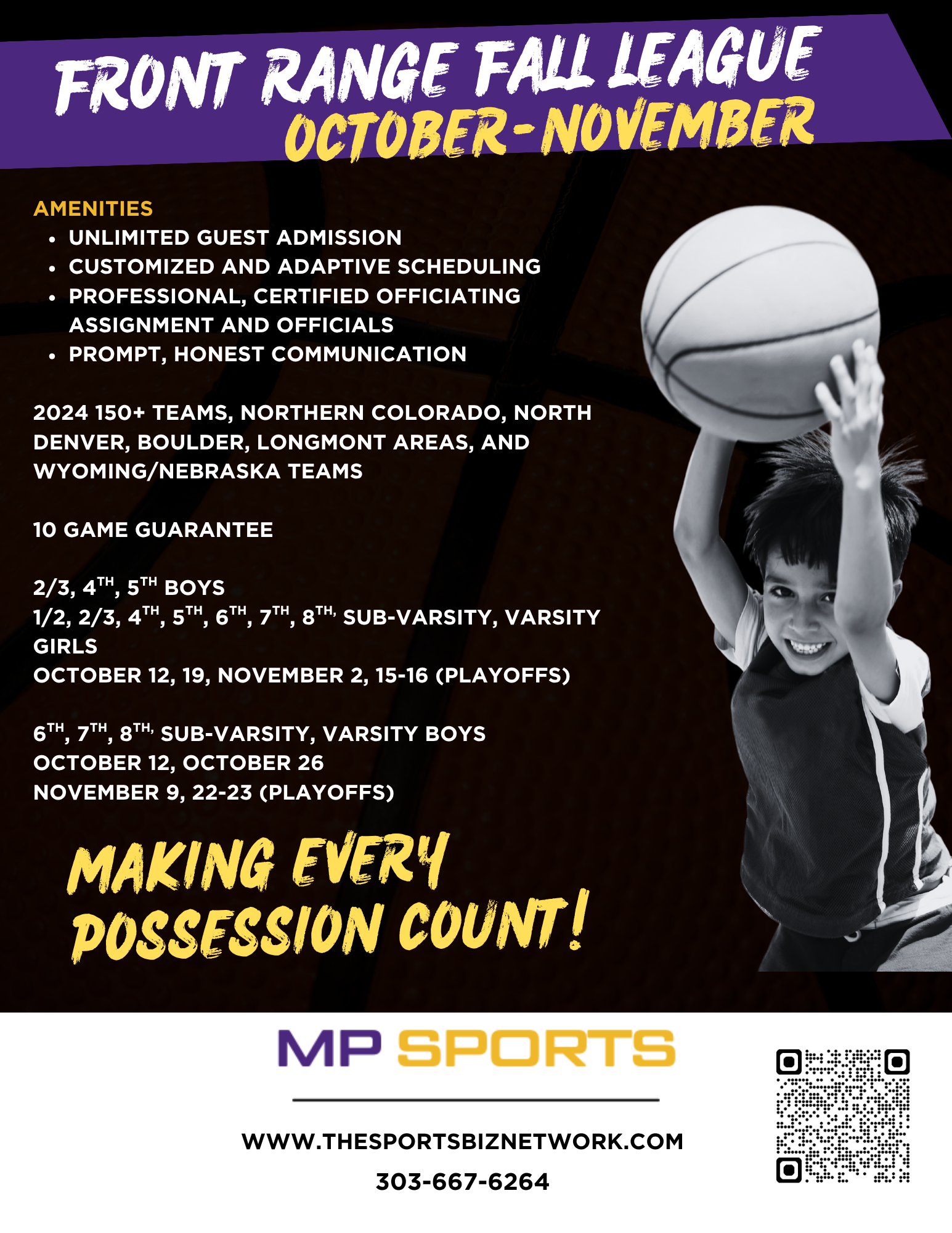 Poster for Front Range Fall League basketball, October-November with details about amenities, location, team info, and contact at the bottom.