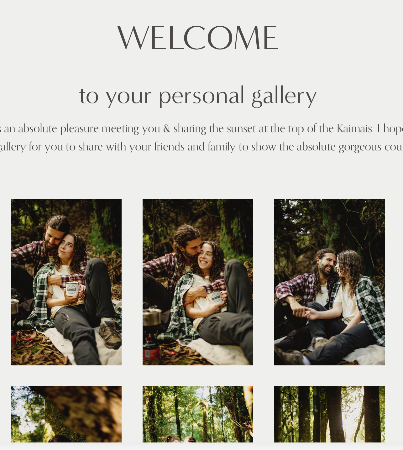 A webpage titled 'Welcome to your personal gallery' featuring three photos of a young couple sitting in a forest, sharing a camping mug, smiling, and holding hands, with trees and sunlight in the background.