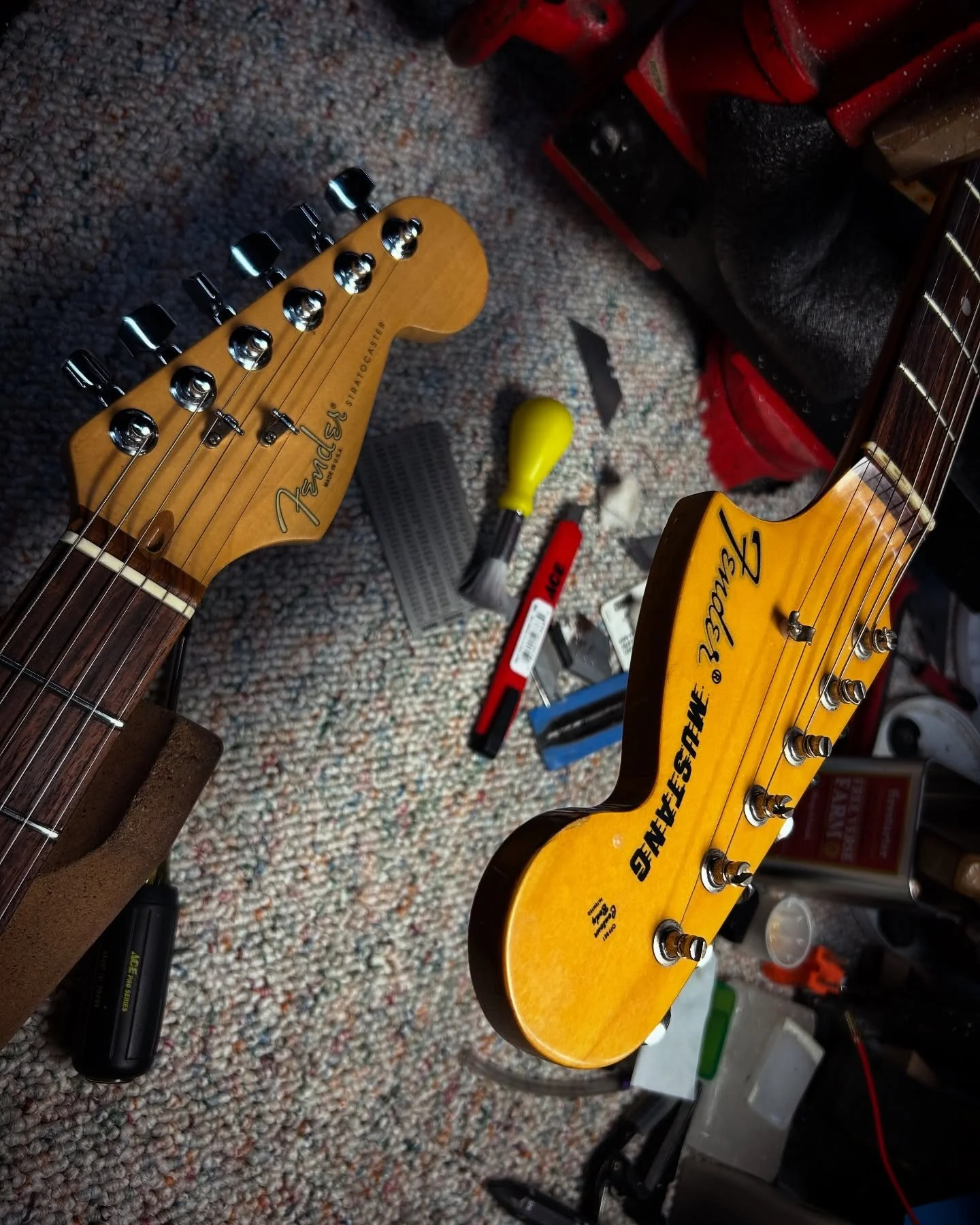 Friday night with the Fenders. #guitarrepair #fendermustang #fenderstratocaster