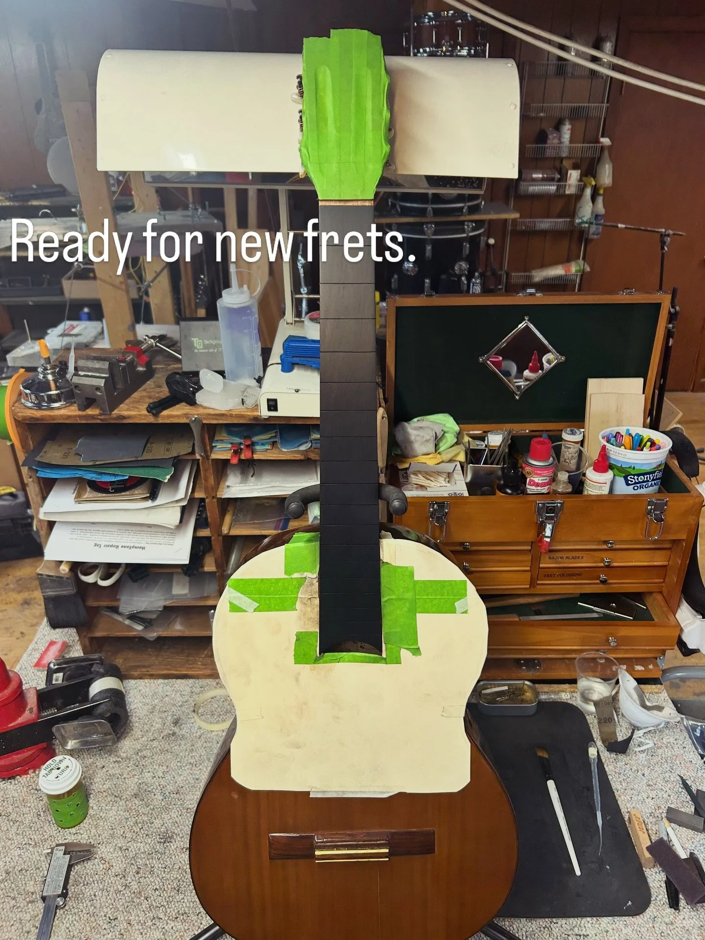 Brazilian rosewood, Spanish cedar guitar restoration project - day 1. Let me know in the comments if you&rsquo;d like to see see more from this job as it progresses. #twistedneck #refret #guitarrestoration #refret